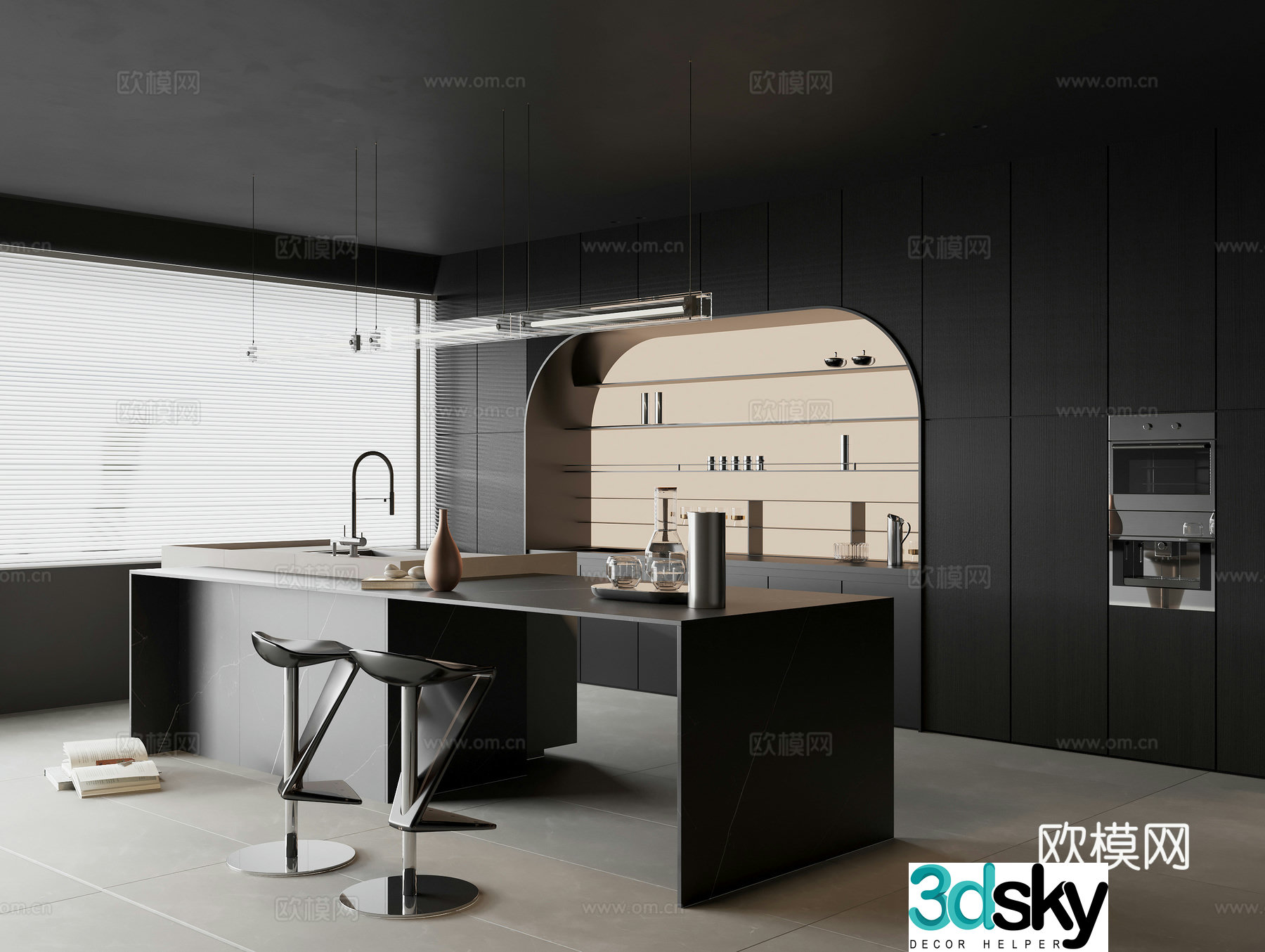 Modern restaurant Marble water bar Nakadao dining table Solid wood sideboard Wine cabinet Casual bar 3D model