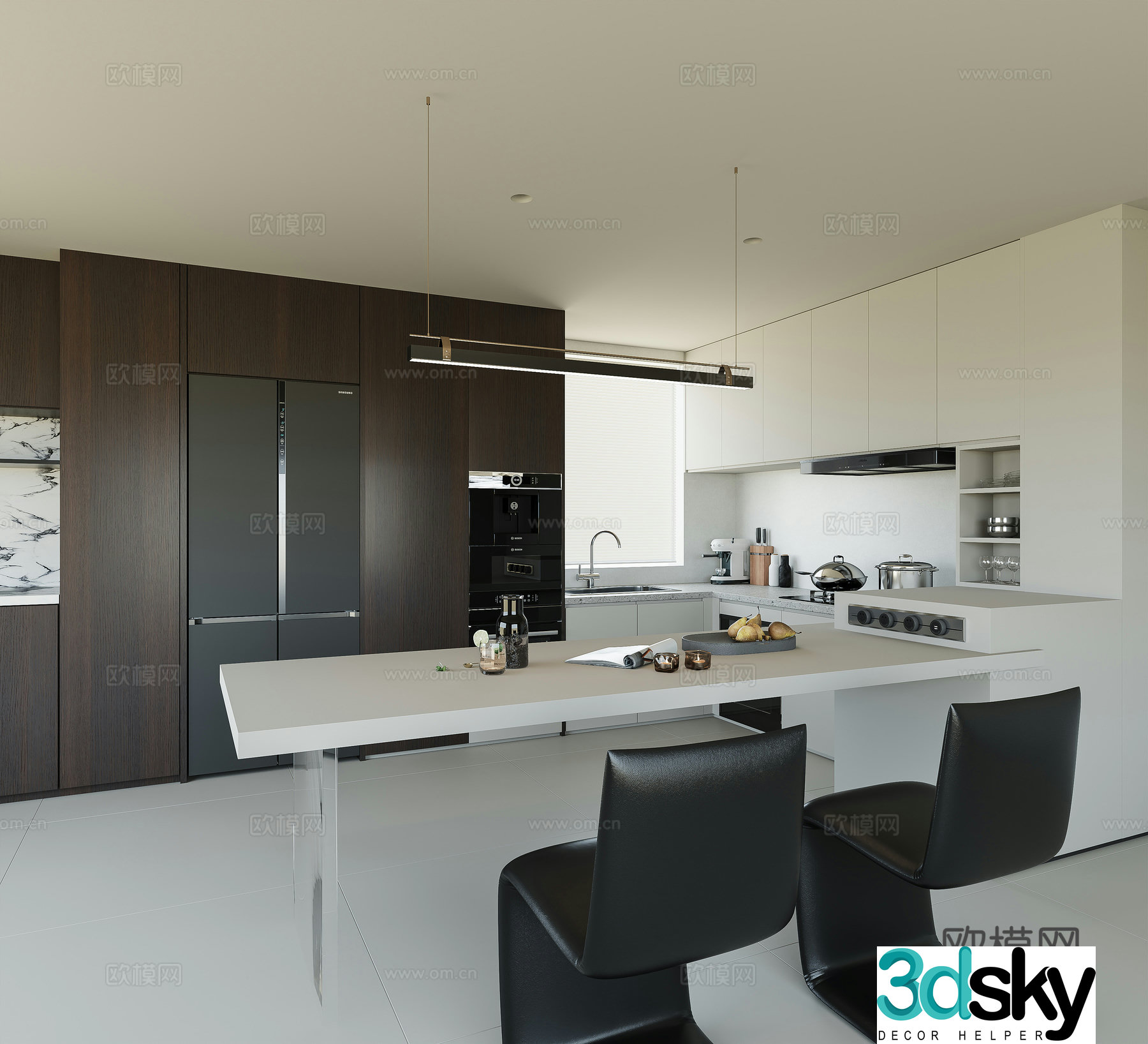 Modern kitchen Italian kitchen minimalist kitchen refrigerator bar chair kitchen 3d model