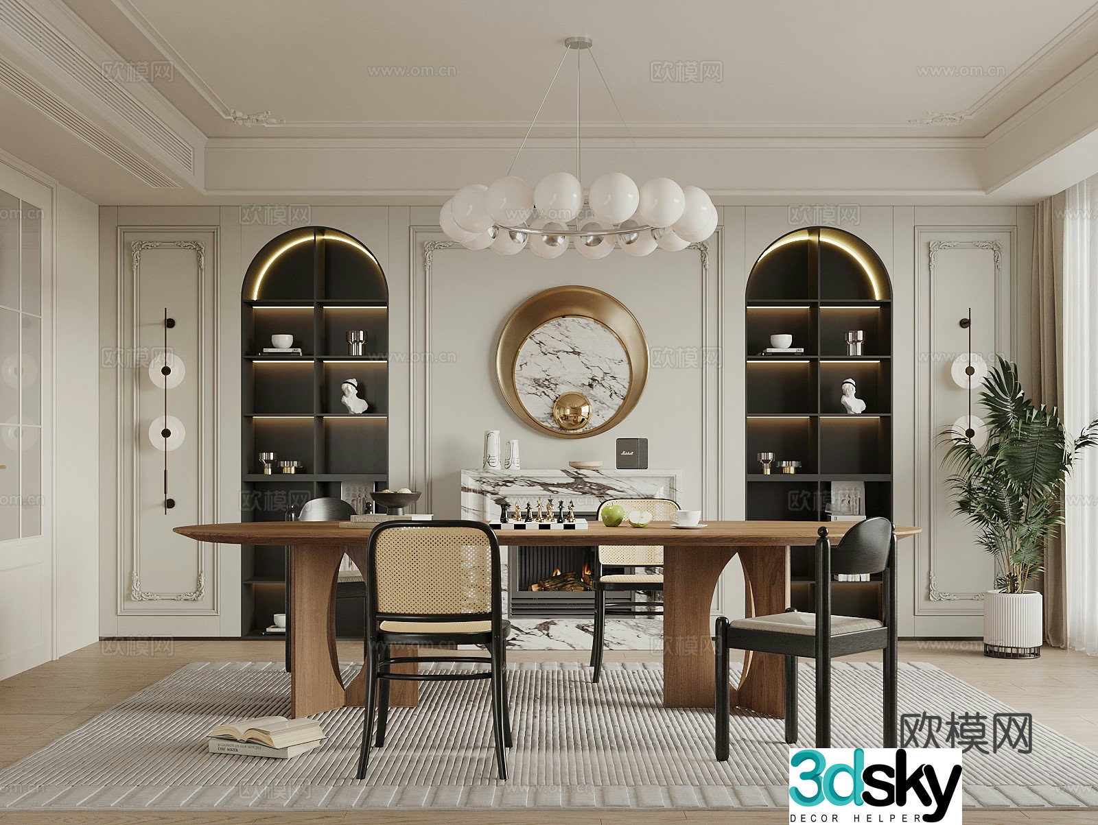 French retro style restaurant dining table and chair combination wine cabinet sideboard restaurant chandeliers green plants 3D model