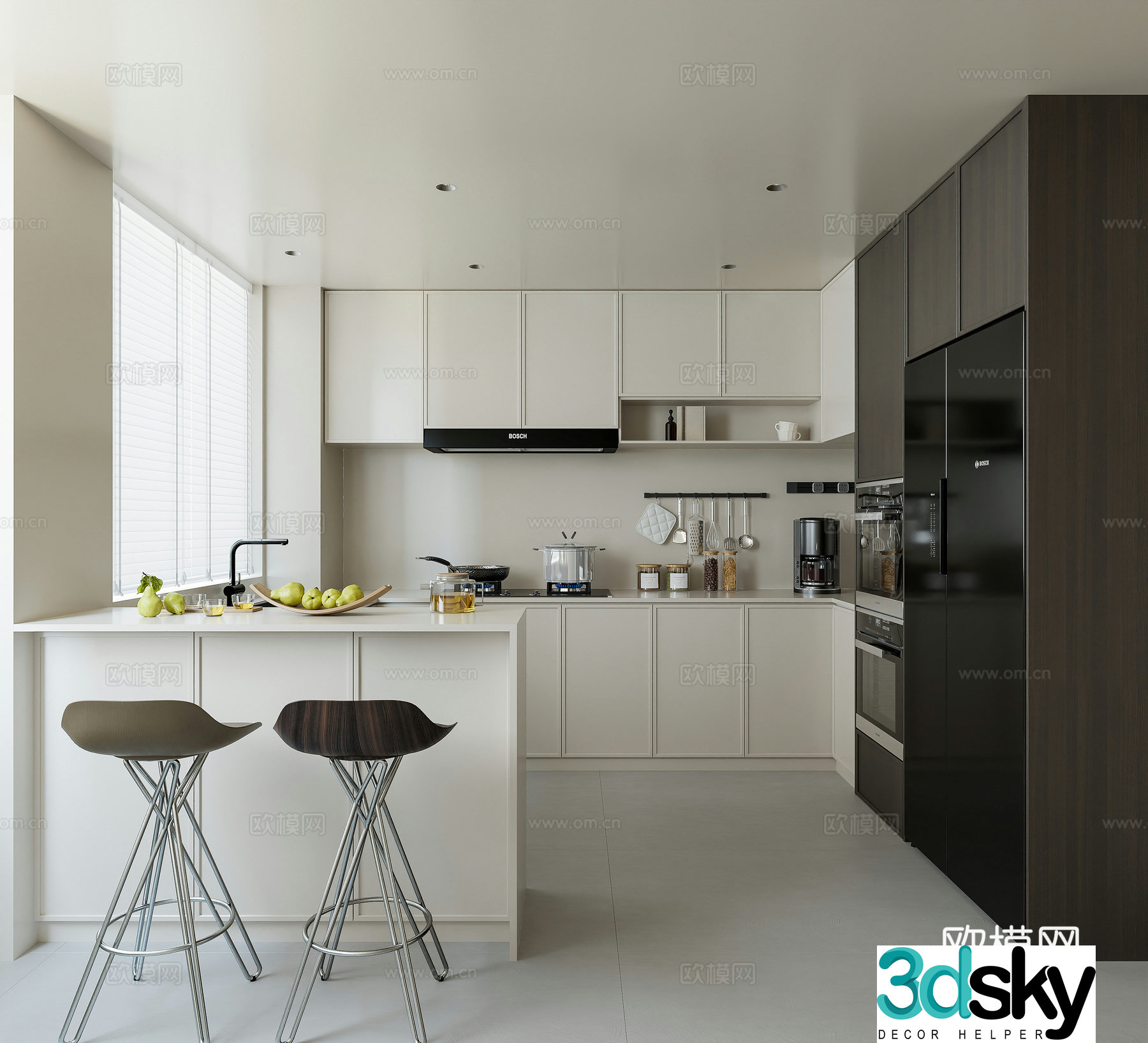 Modern kitchen Italian kitchen minimalist kitchen bar chair refrigerator kitchen 3d model