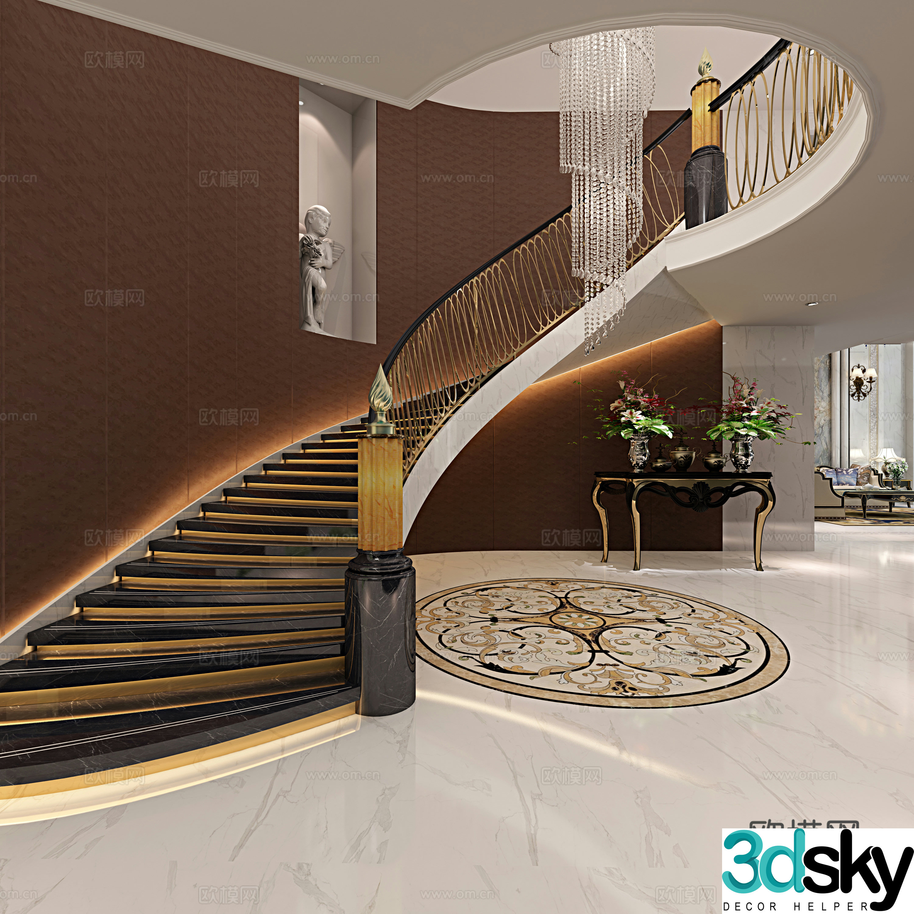 European living room stairwell sofa chandelier storage rack fireplace background wall 3d model