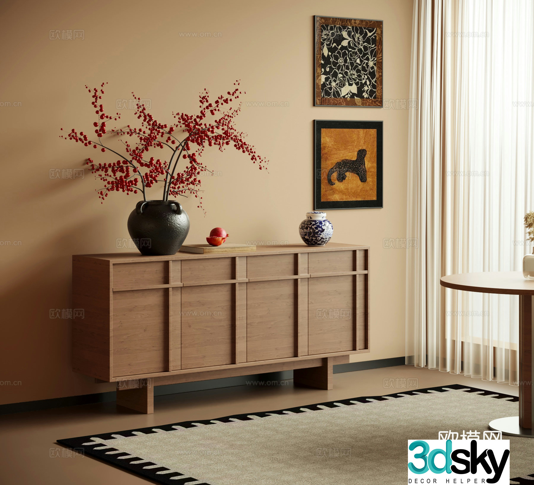 Entrance Cabinet Middle-aged Style Entrance Cabinet Side Cabinet Potted Bonsai 3D Model