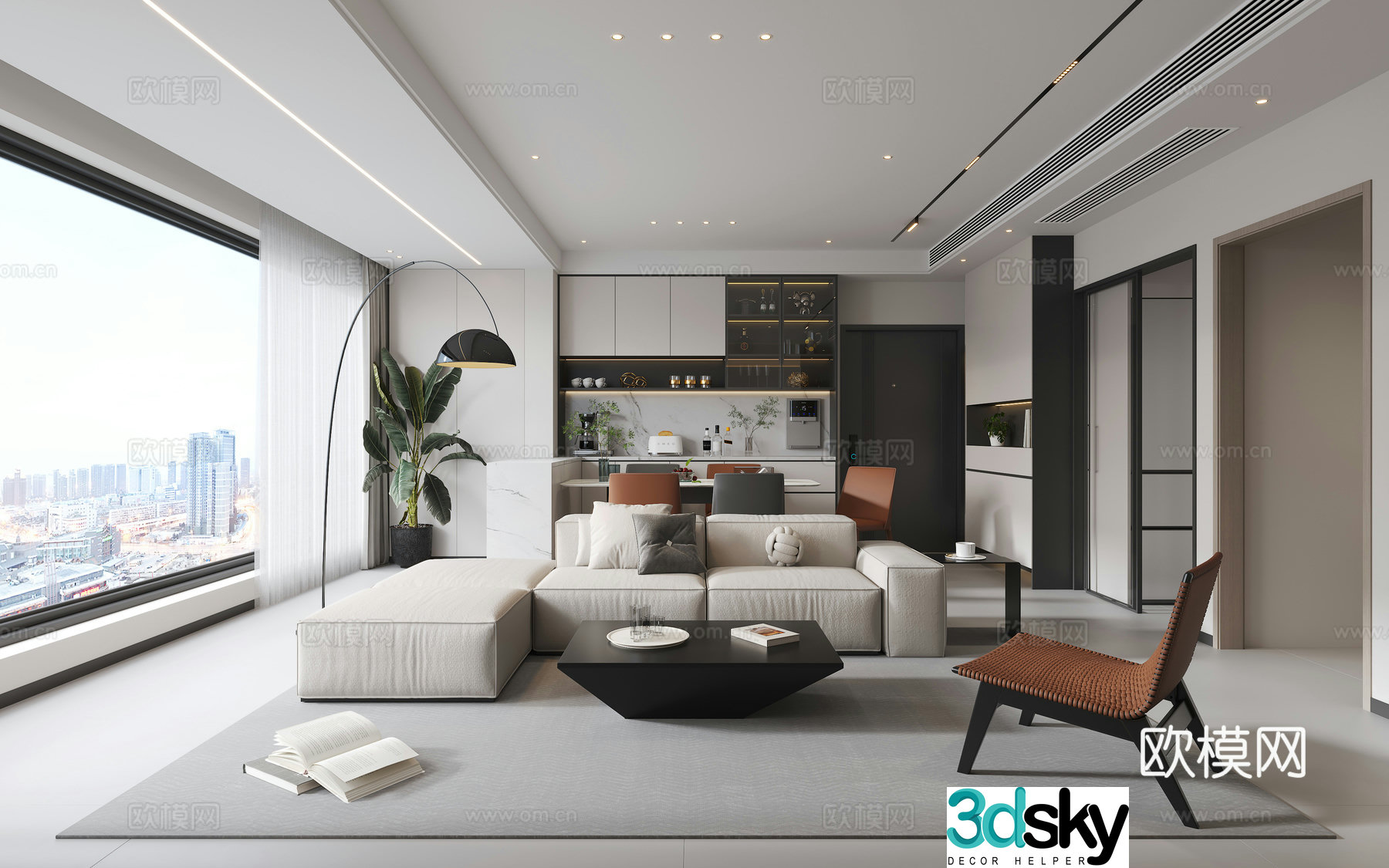 Modern living and dining room 3d model