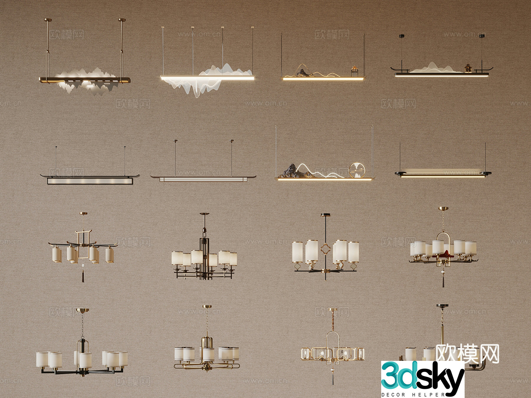 New Chinese Chandelier Zen Chandelier One-line Chandelier 3D Model
