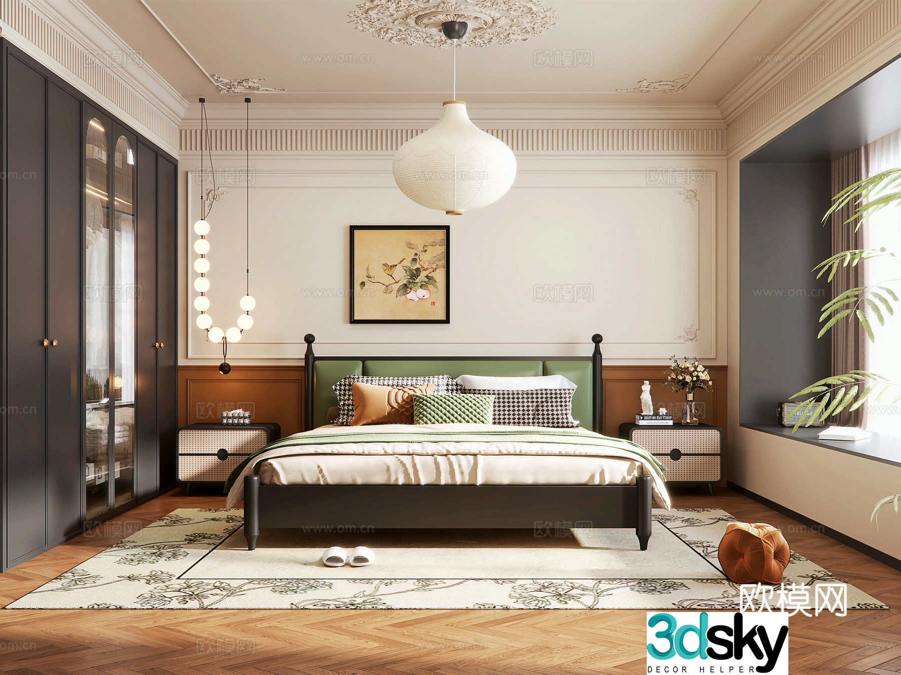 French medieval home bedroom French double bed nightstand bedroom wardrobe bedside chandeliers lying 3d model