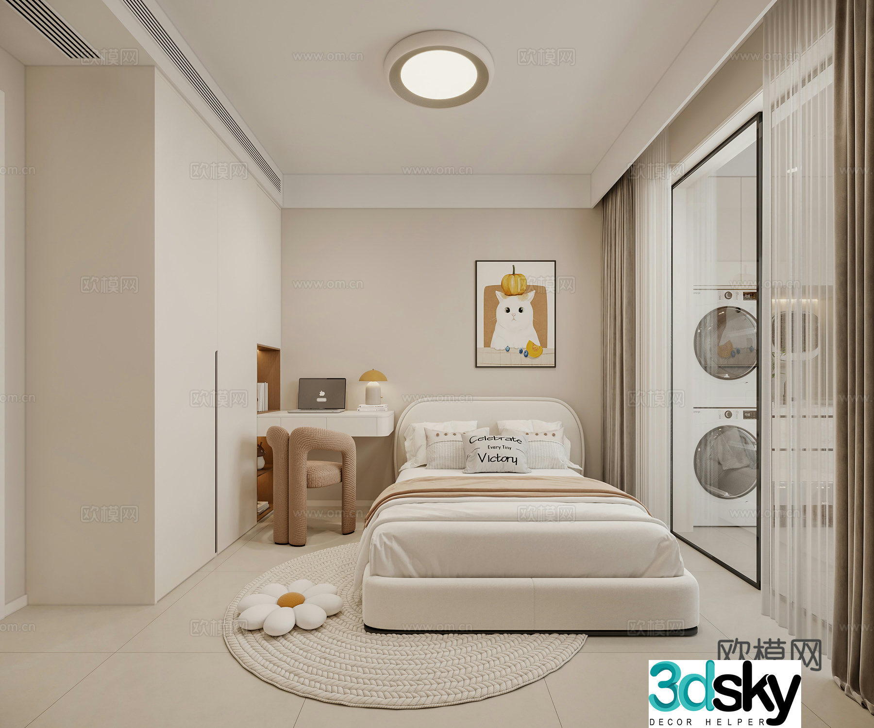 Modern creamy children’s room bedroom children’s bed desk chair wardrobe painting curtain ceiling 3d model