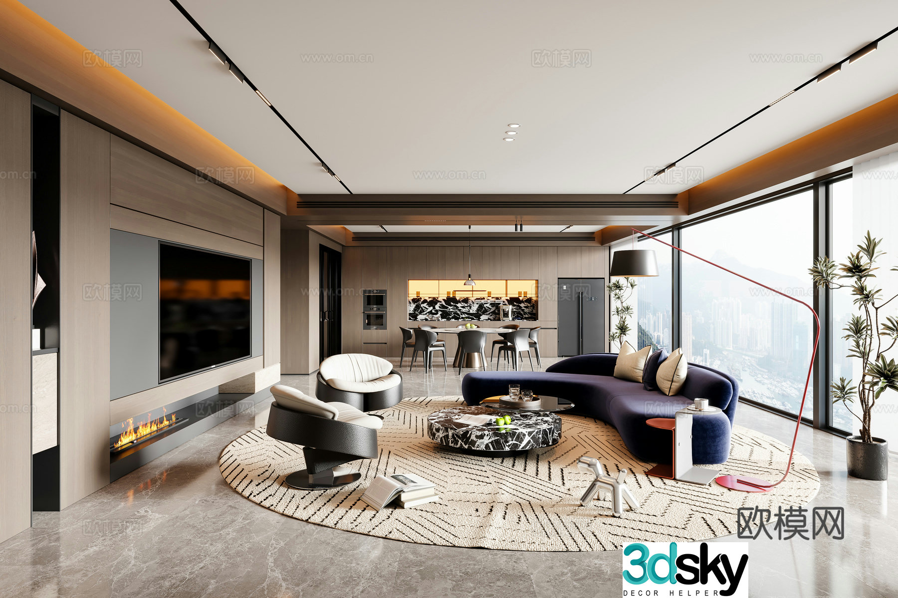 Modern Italian dining room sofa coffee table dining table chair chandeliers TV background wall wine cabinet 3d model