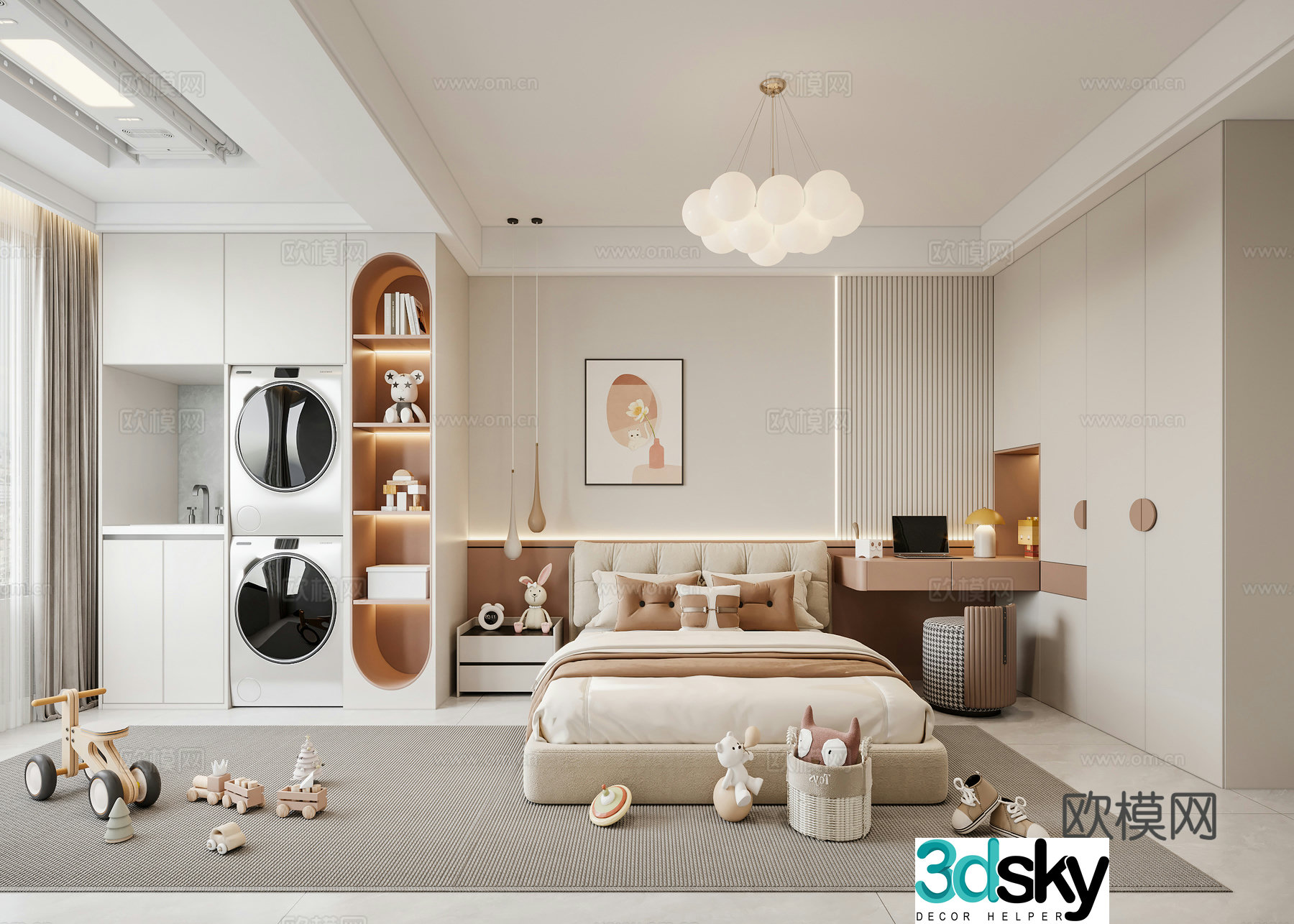 Modern children’s room bedroom daughter’s room double bed ceiling hanging painting wardrobe desk chair window 3d model