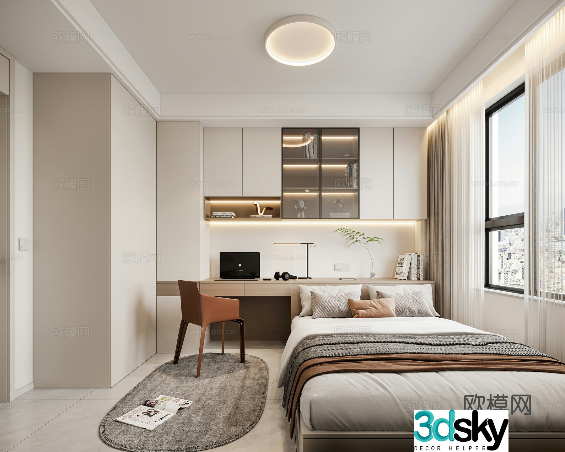 Modern tatami bedroom desk chair bookcase ceiling light curtain 3d model