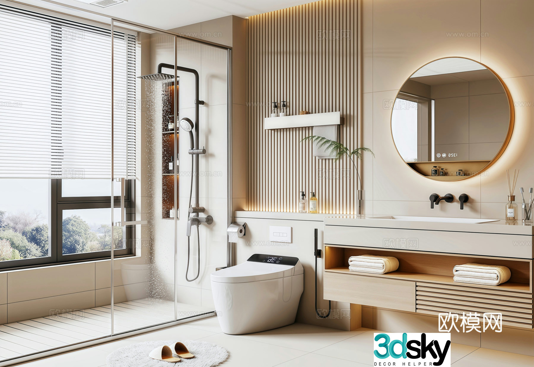 Modern cream style bathroom bathroom cabinet bathroom mirror bathroom decoration toilet shower towel 3d model