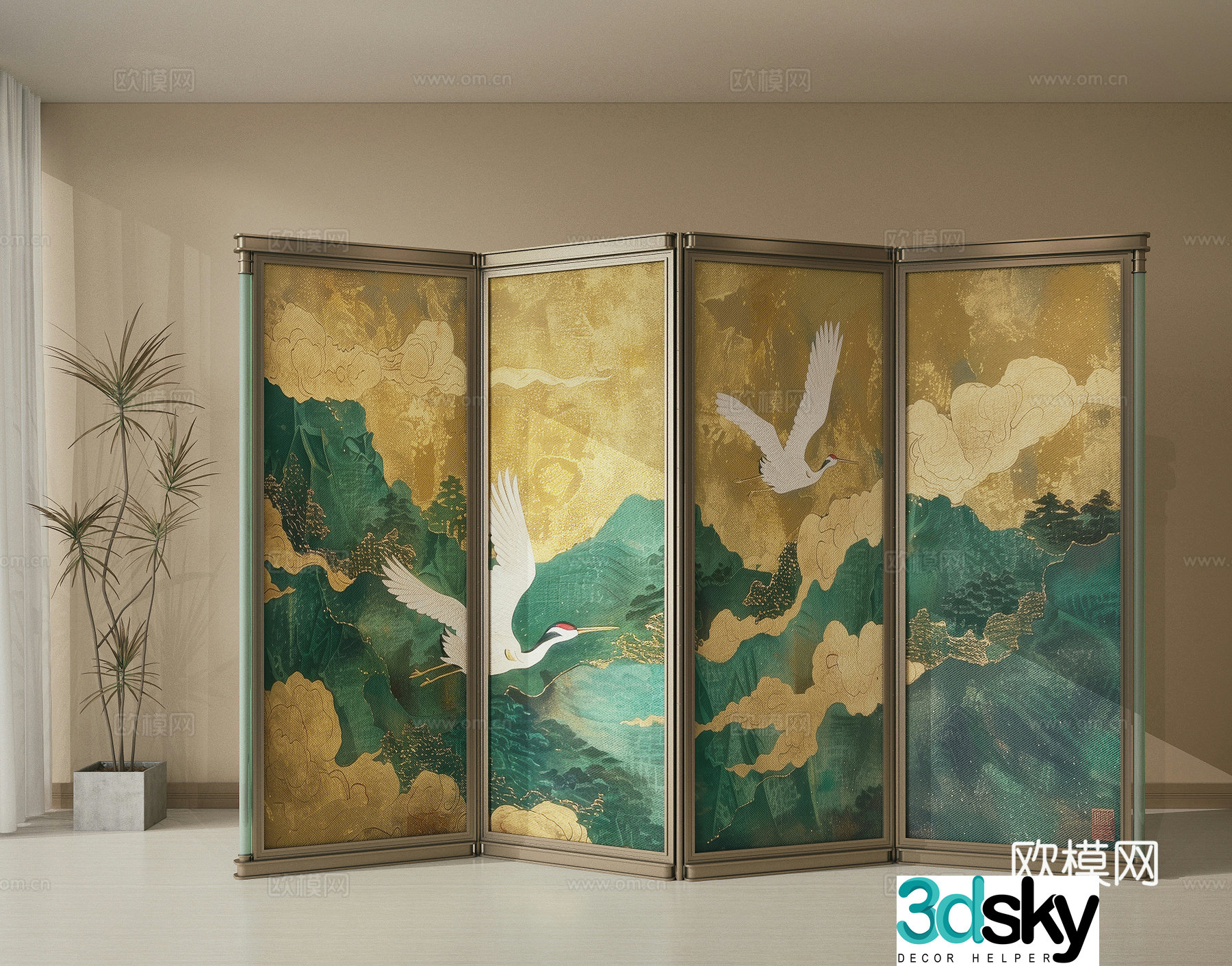 New Chinese Zen Screen Foldable Screen Partition Metal Screen Retro Screen 3D Model