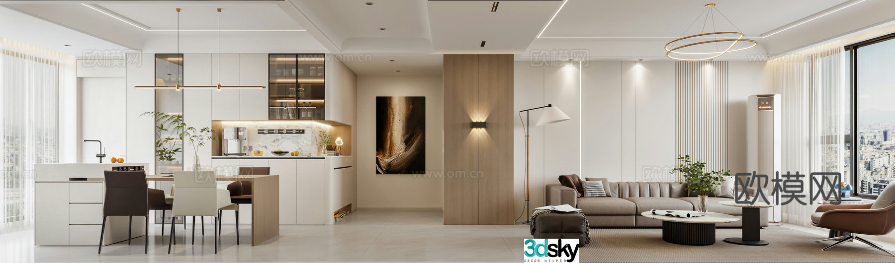 Modern living and dining room sofa combination dining table and chair combination wine cabinet hanging painting air conditioning TV wall 3D model