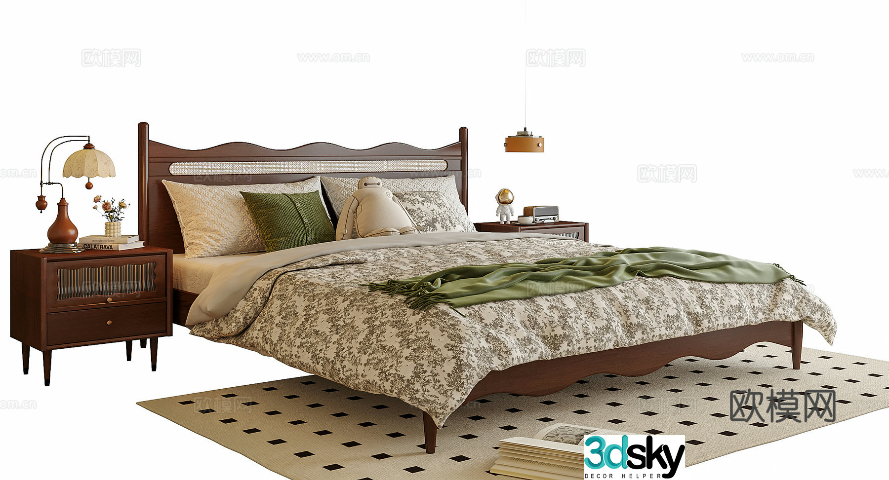French double bed nightstand bedside chandeliers 3d model