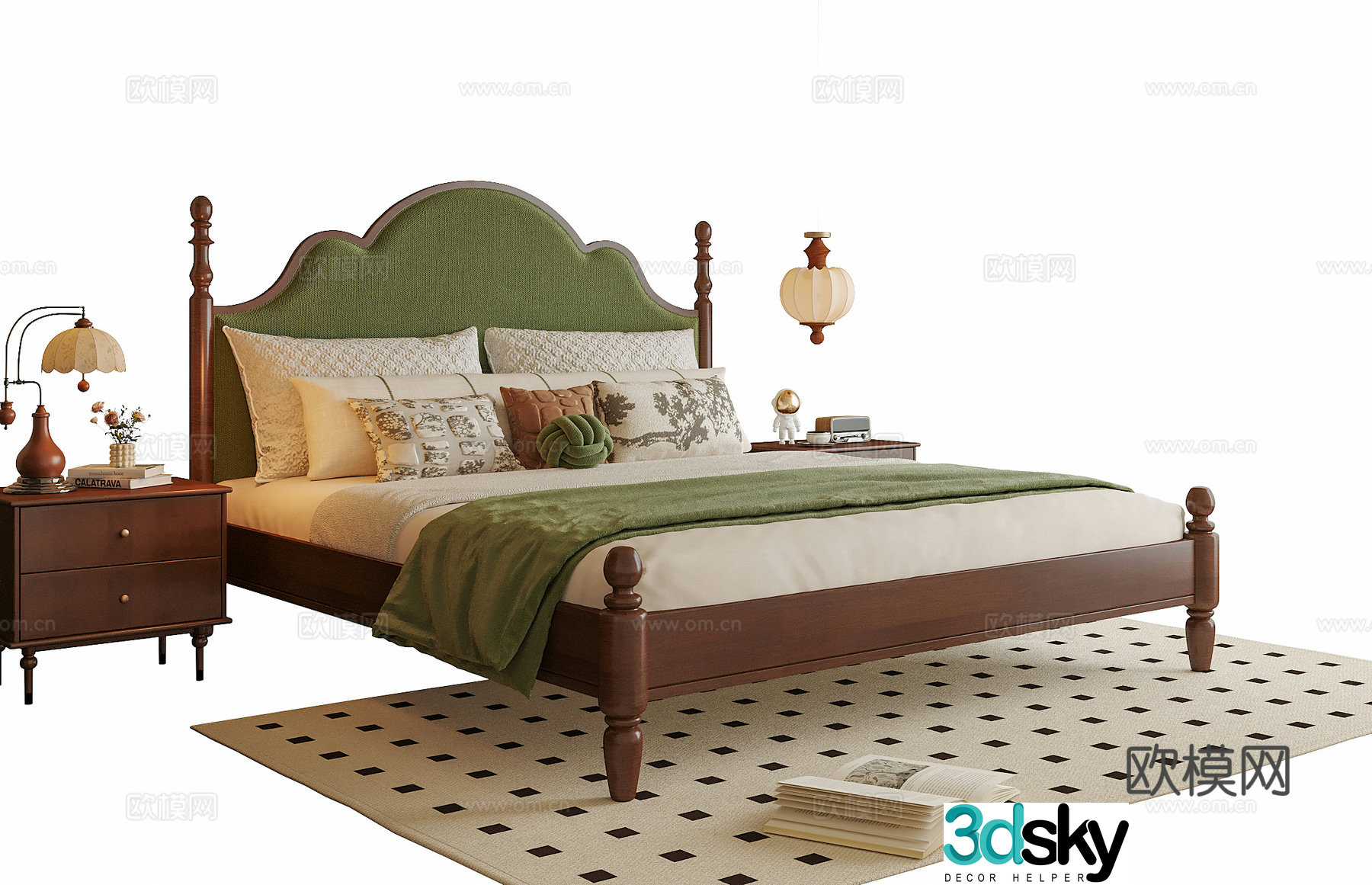 American double bed nightstand bedside chandeliers 3D model