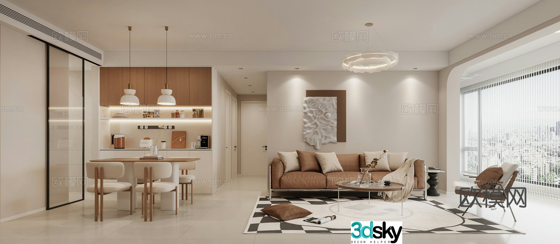 Creamy style dining room sofa combination dining table and chair wine cabinet chandeliers hanging painting 3D model