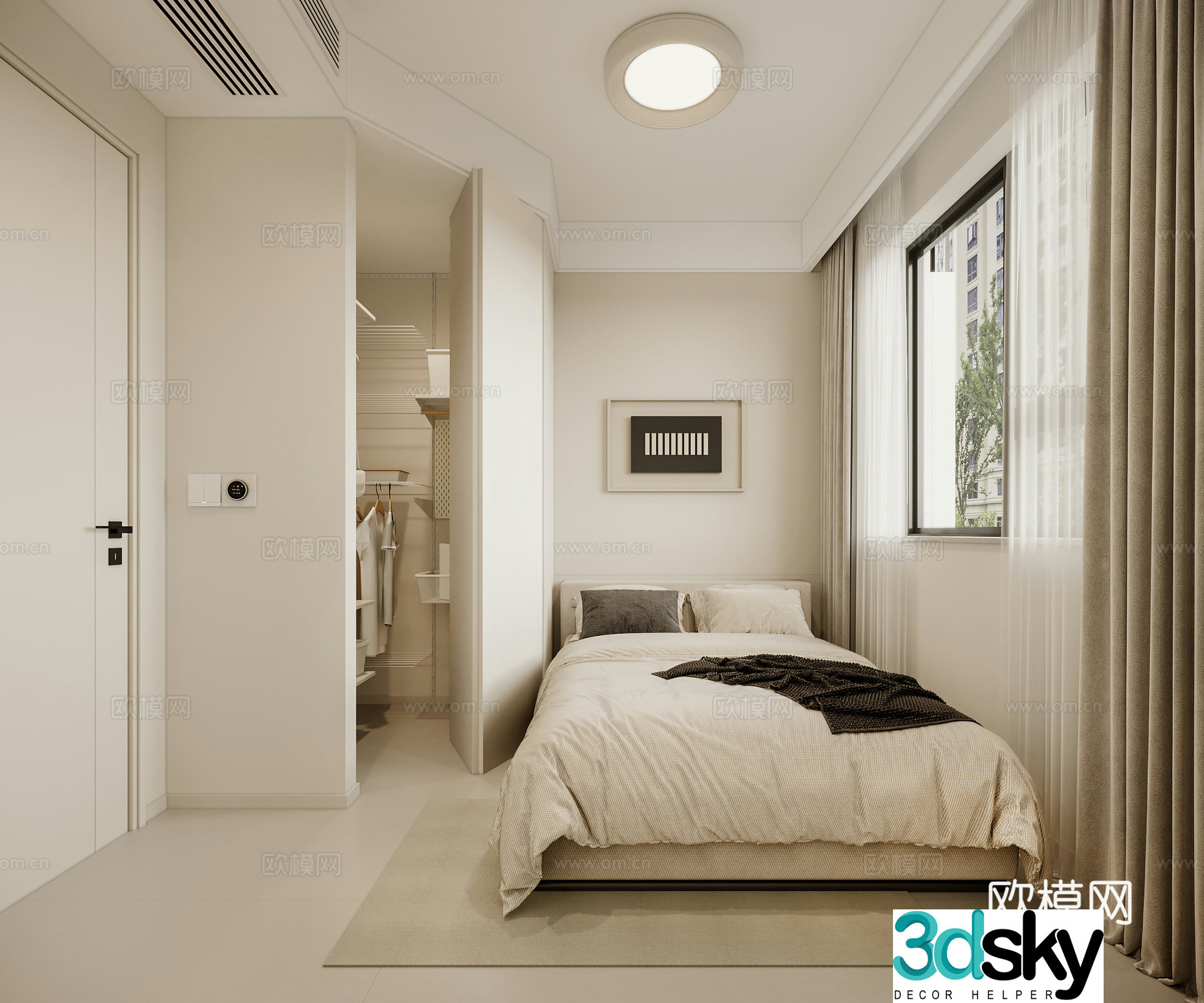 Modern creamy bedroom double bed wardrobe painting ceiling light carpet curtains 3d model
