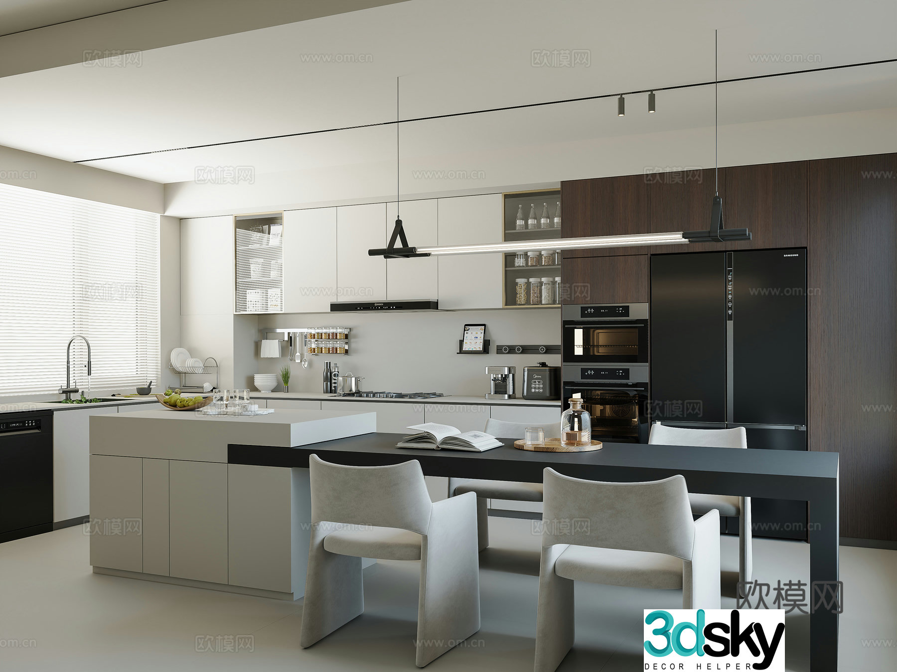 Modern kitchen Italian kitchen minimalist kitchen refrigerator bar chair kitchen 3d model
