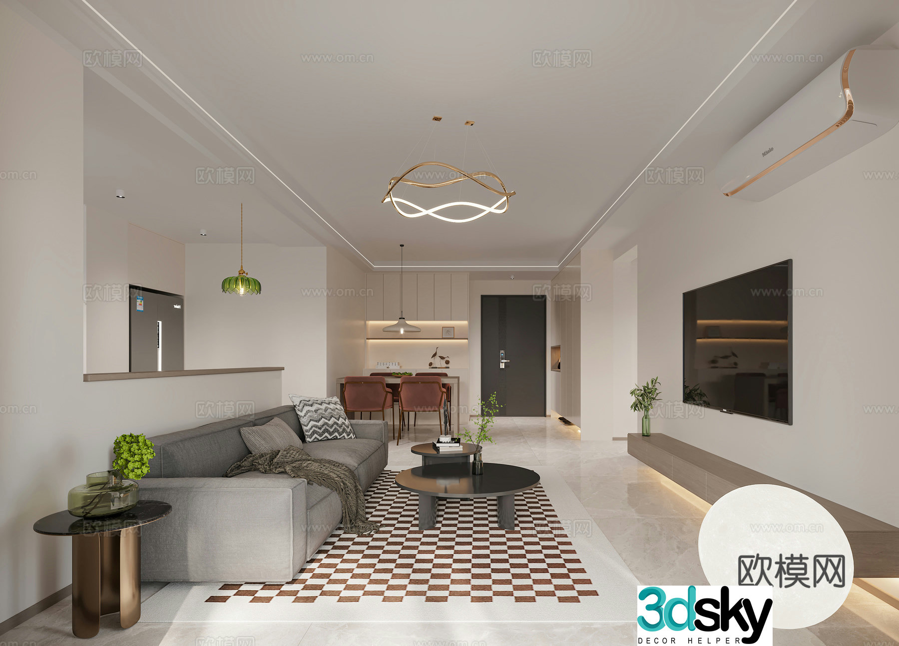 Modern living and dining room 3d model