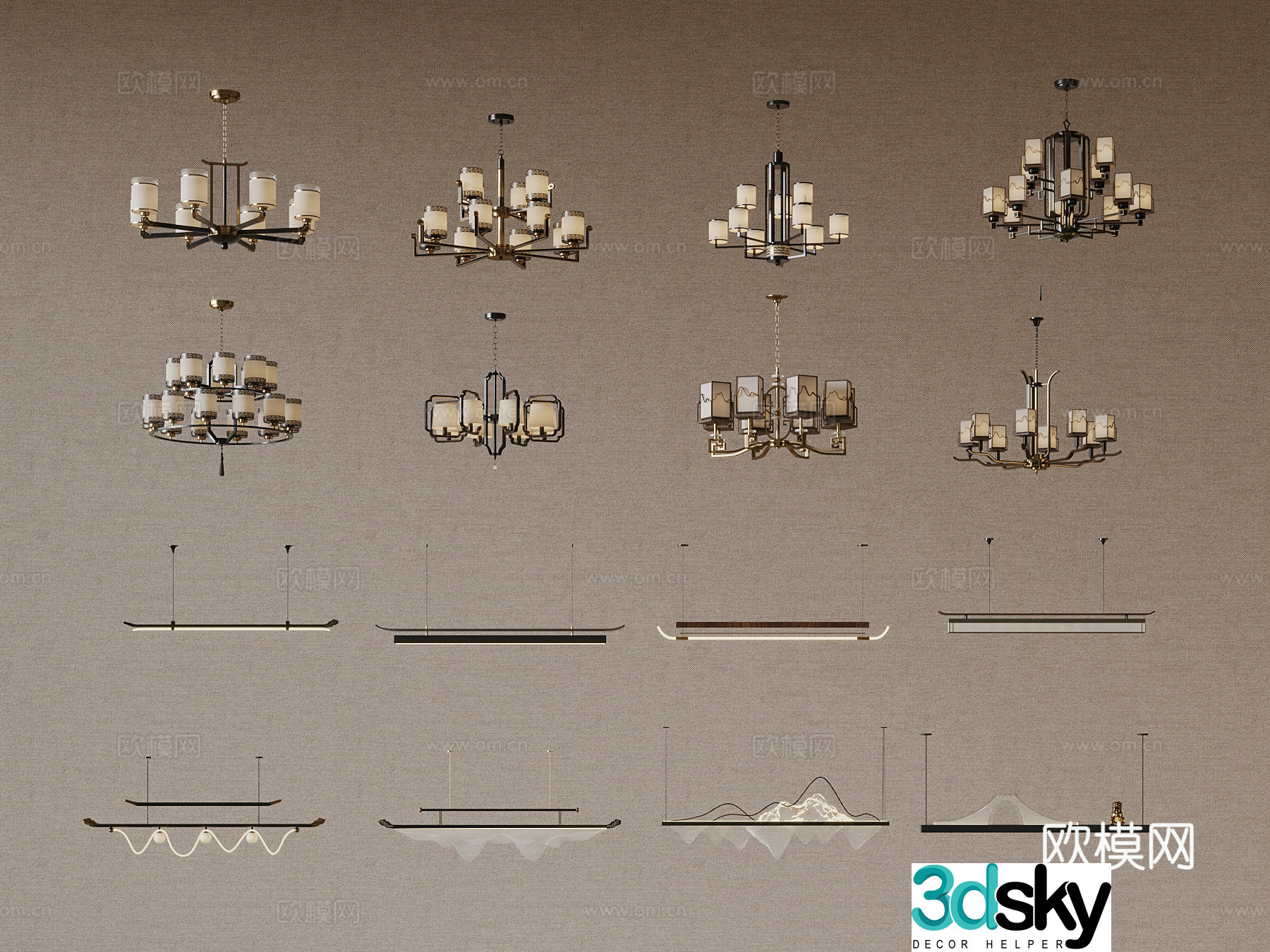 New Chinese Chandelier Zen Chandelier One-line Chandelier 3D Model