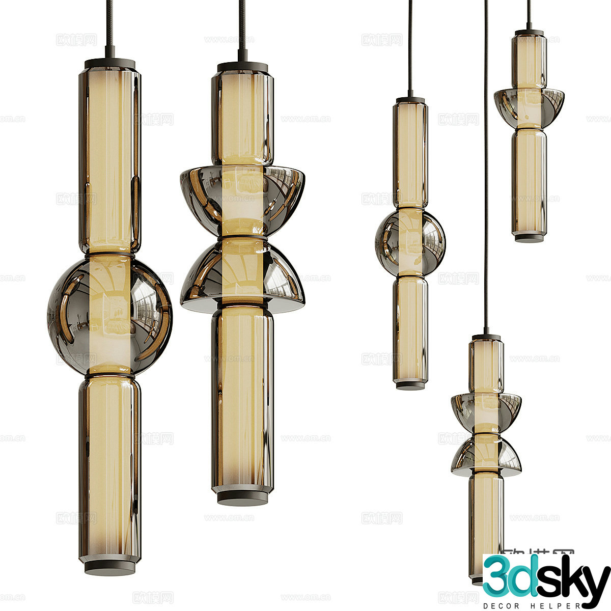 New Chinese style light luxury glass decorative hanging line light 3D model