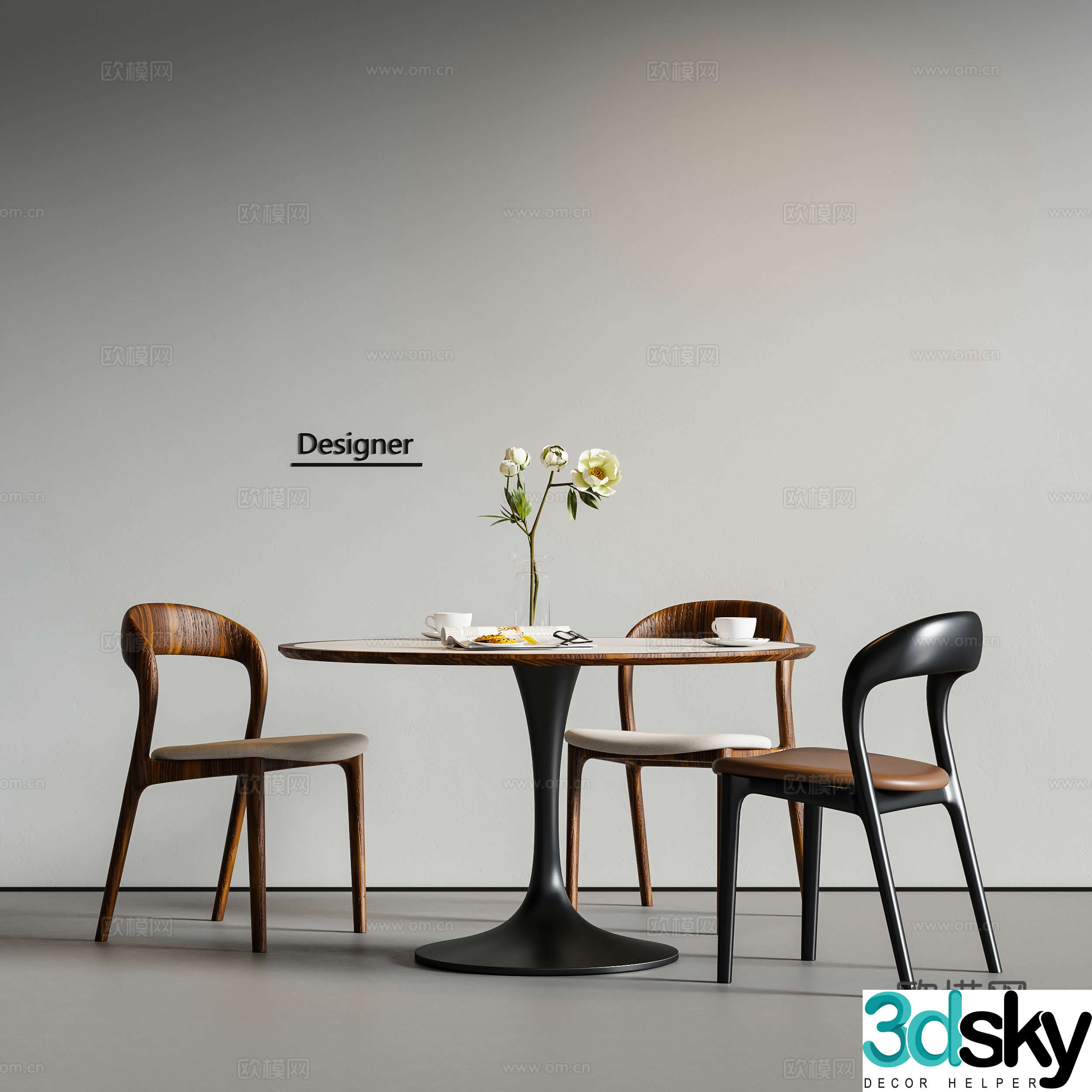 Medium style dining table and chairs Round dining table 3D model