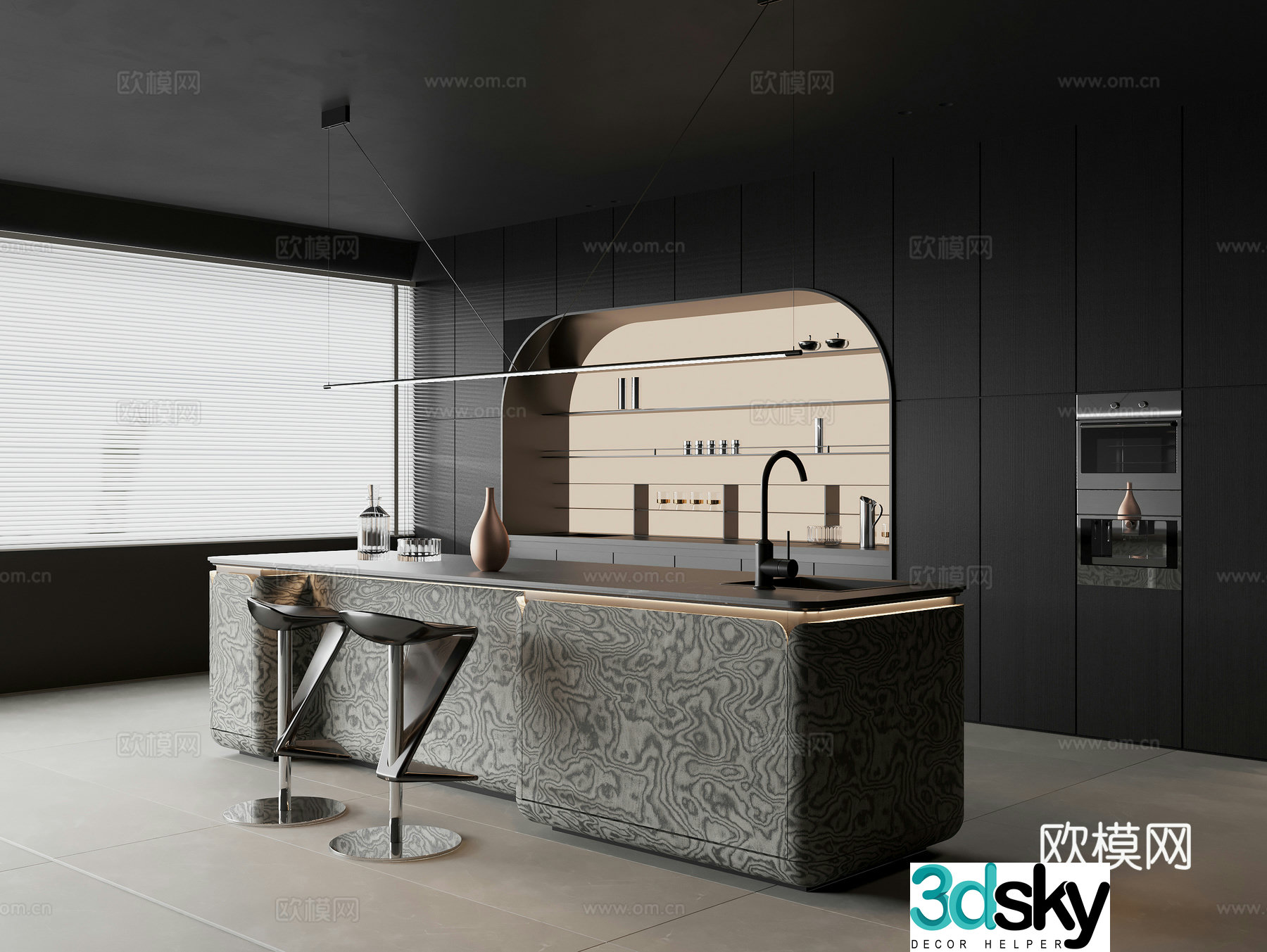 Modern restaurant Marble water bar Nakadao dining table Solid wood sideboard Wine cabinet Casual bar 3D model