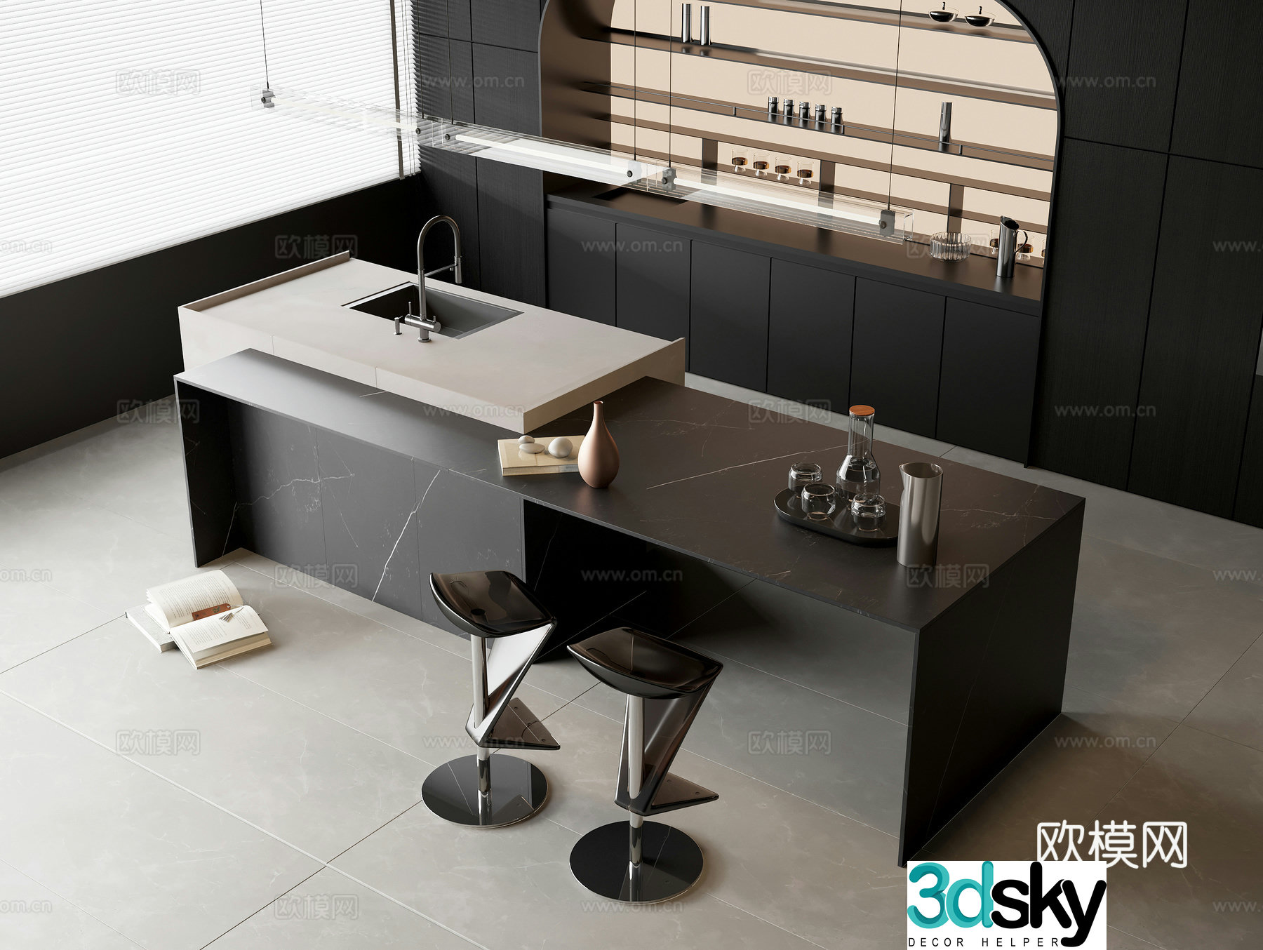 Marble water bar Nakadao dining table leisure bar chair solid wood sideboard wine cabinet sink 3d model