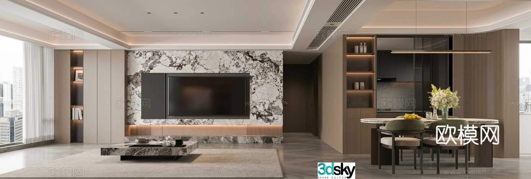 Modern Italian dining room without owner lamp shape wall panel leather sofa coffee table chandeliers dining table chair wall lamp track light 3d model