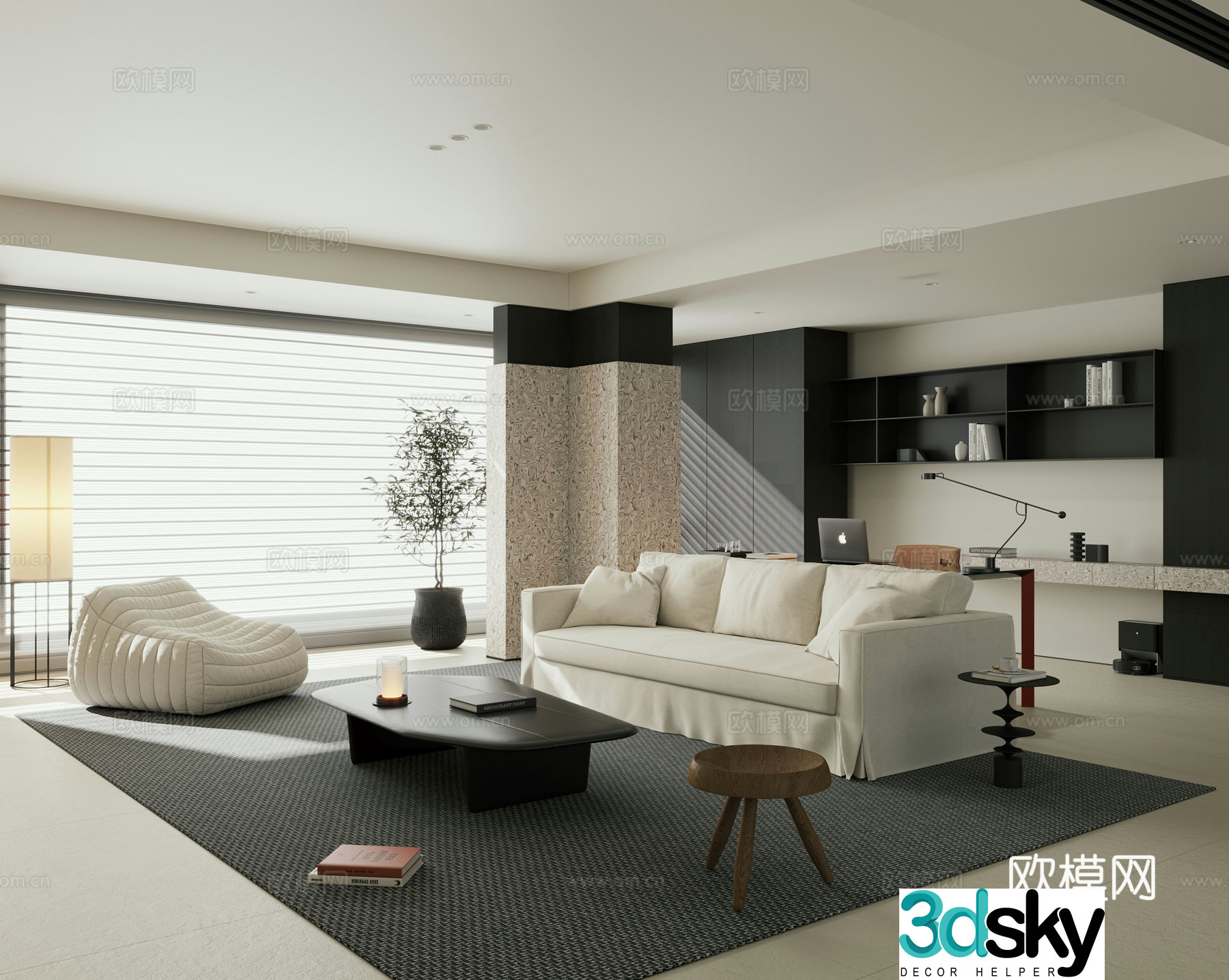 Modern minimalist living room black and white living room horizontal hall large flat floor integrated 3D model of living room and study