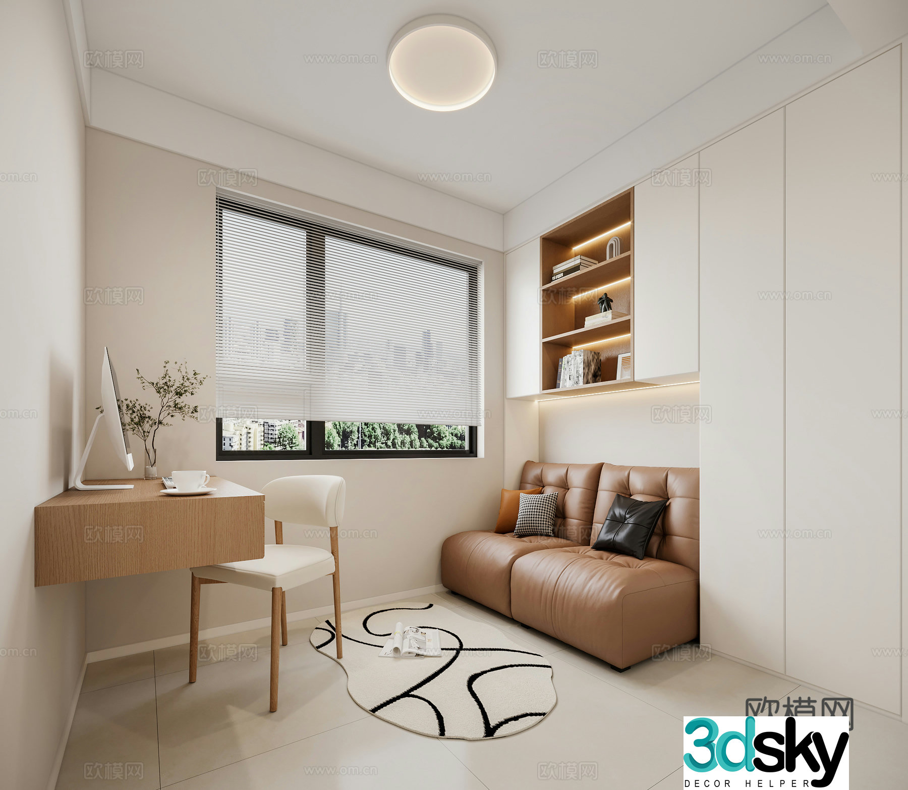 Modern Creamy Study Room Desk and Chair 3D Model