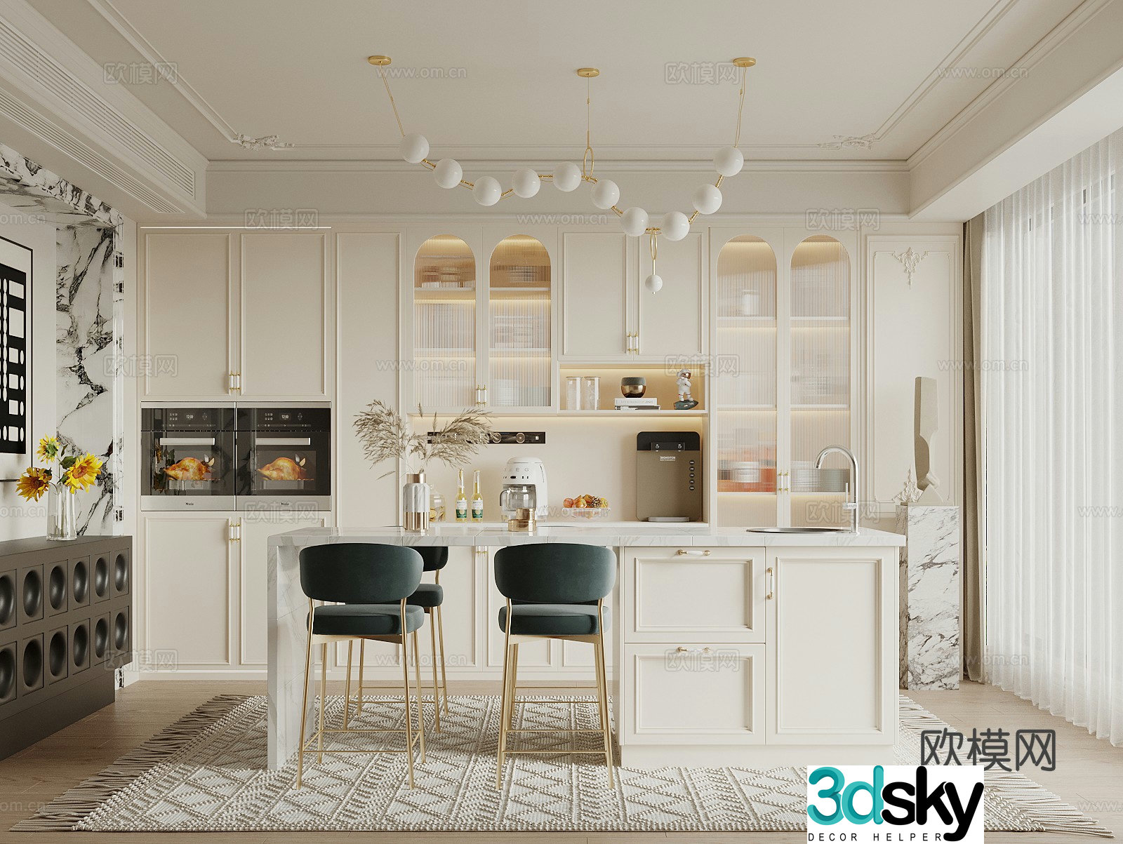 French cream style restaurant island dining table and chair combination wine cabinet sideboard restaurant chandeliers hanging painting 3D model