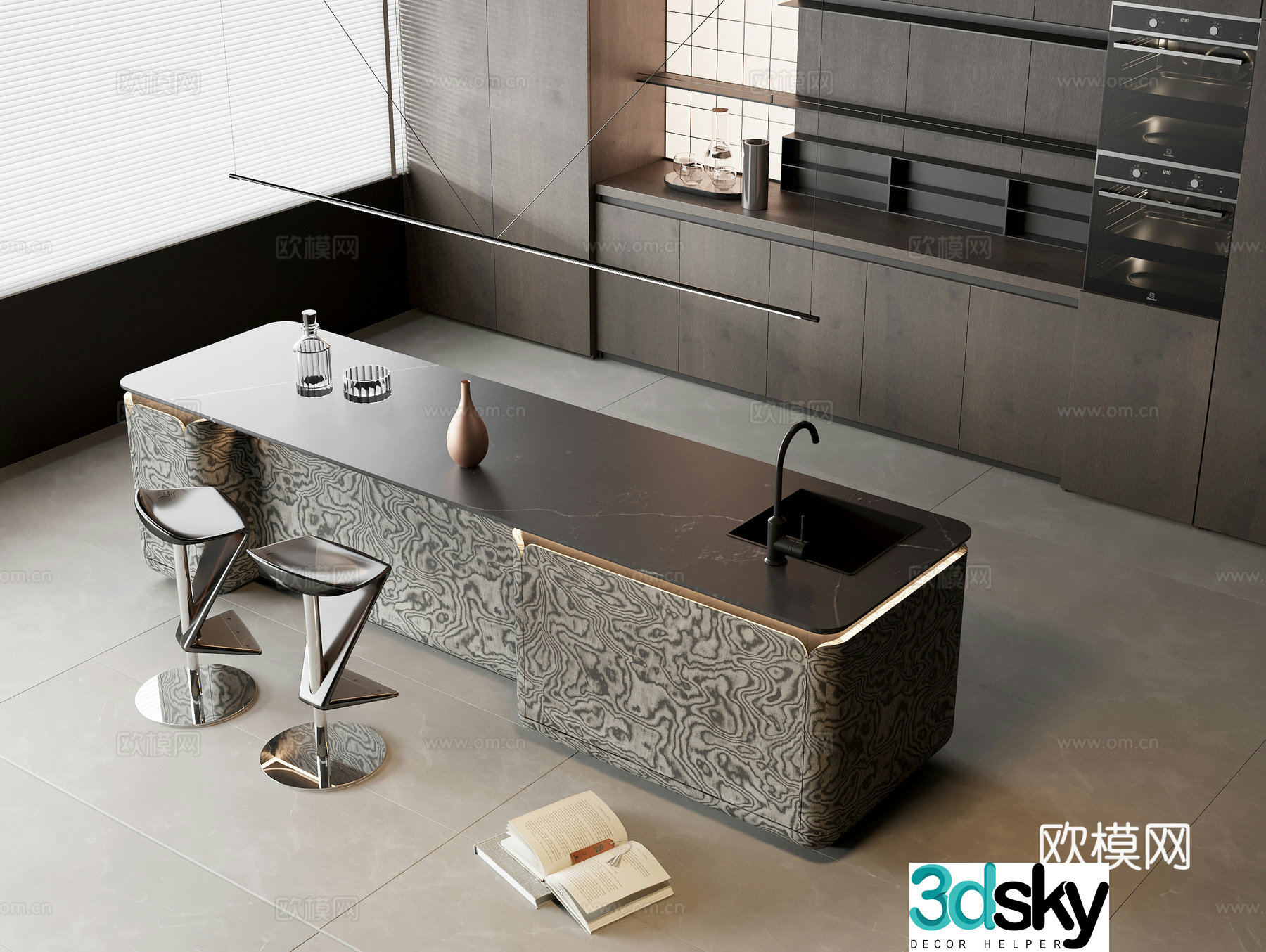 Marble bar dining table Zhongdao water bar dining table solid wood sideboard casual bar chair oven group 3D model