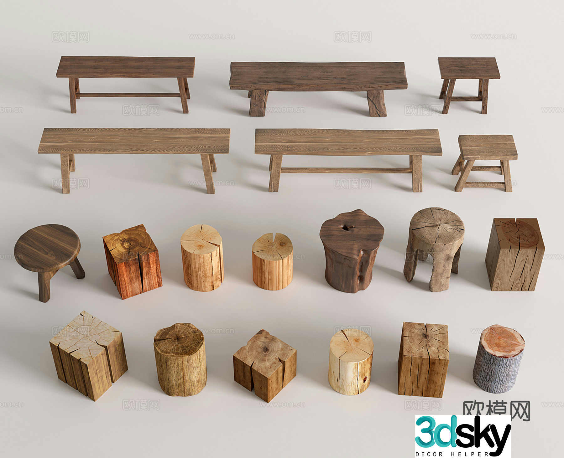 Modern wooden stool wooden stakes low stool long stool_stool 3d model