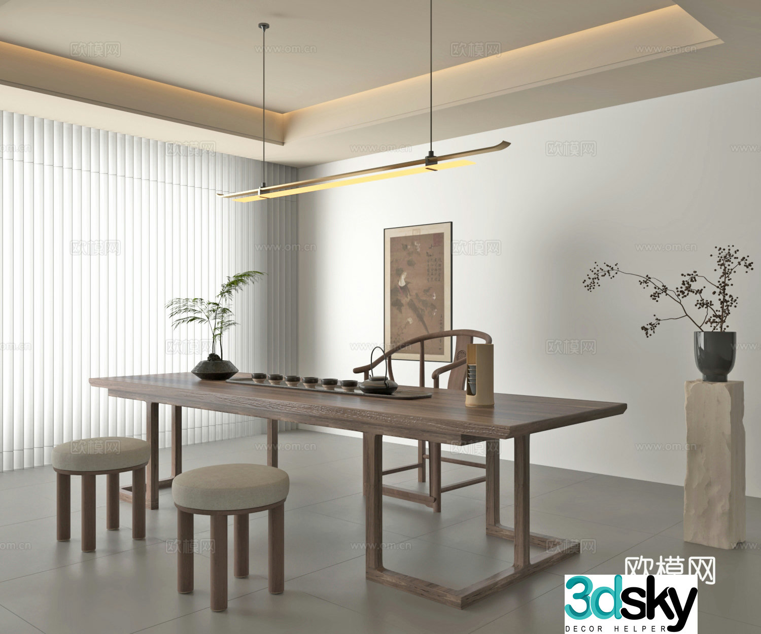 New Chinese style tea room medieval style tea room table and chair new Chinese style chandelier 3D model
