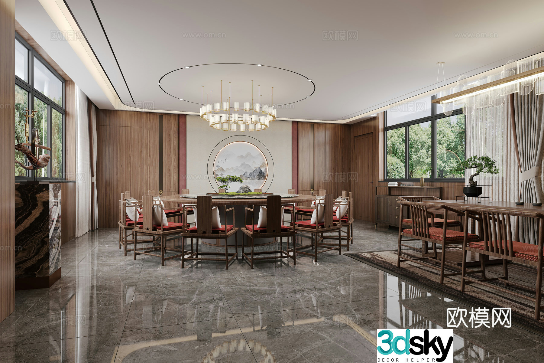 New Chinese restaurant round table dining chair hotel private room 3D model