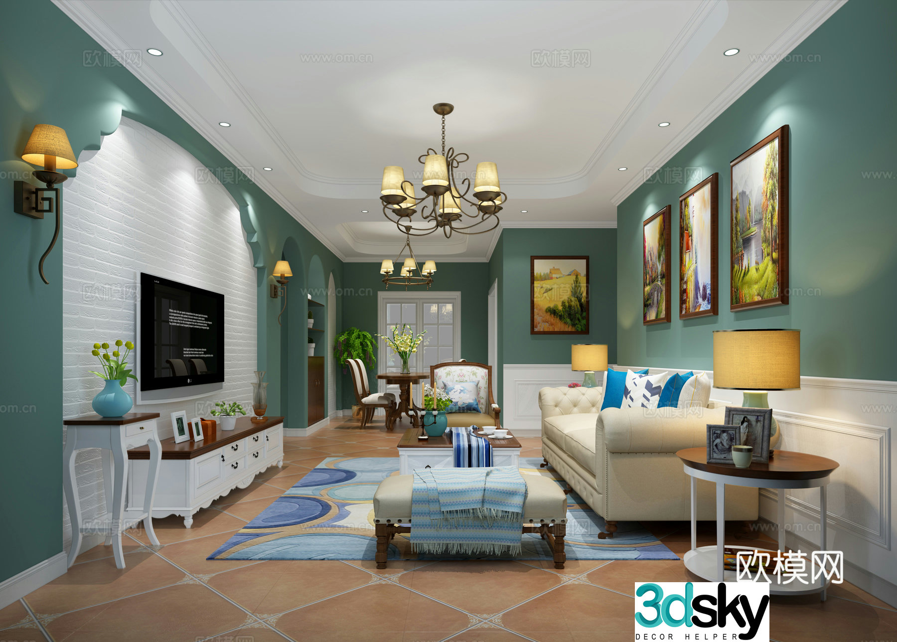 American pastoral living restaurant sofa TV cabinet hanging painting chandeliers carpet dining table coffee table 3d model