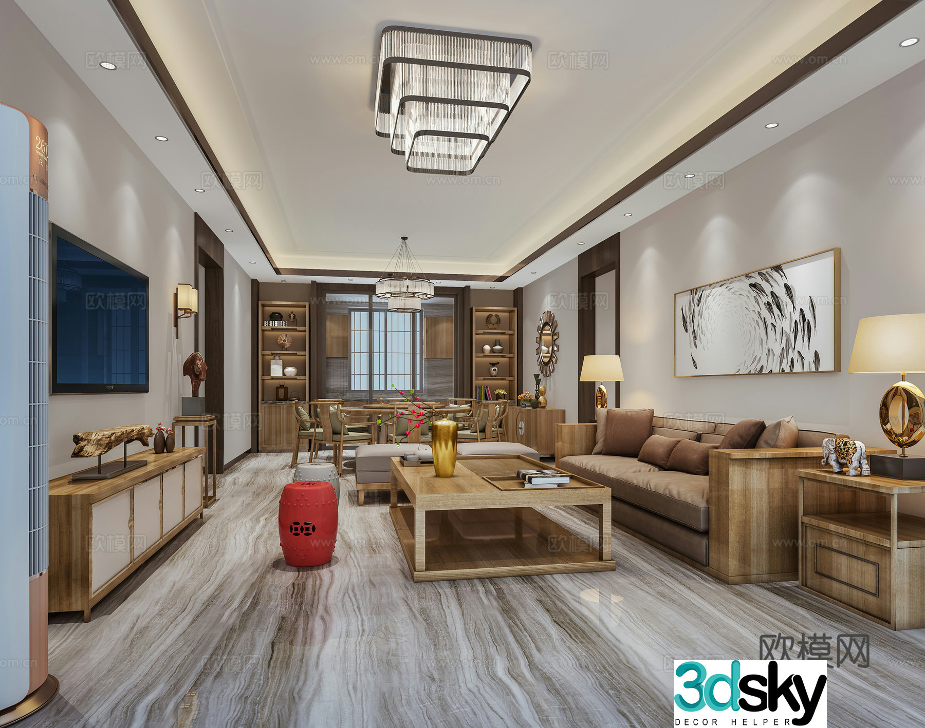 New Chinese style living and dining table chandelier TV cabinet combination 3D model