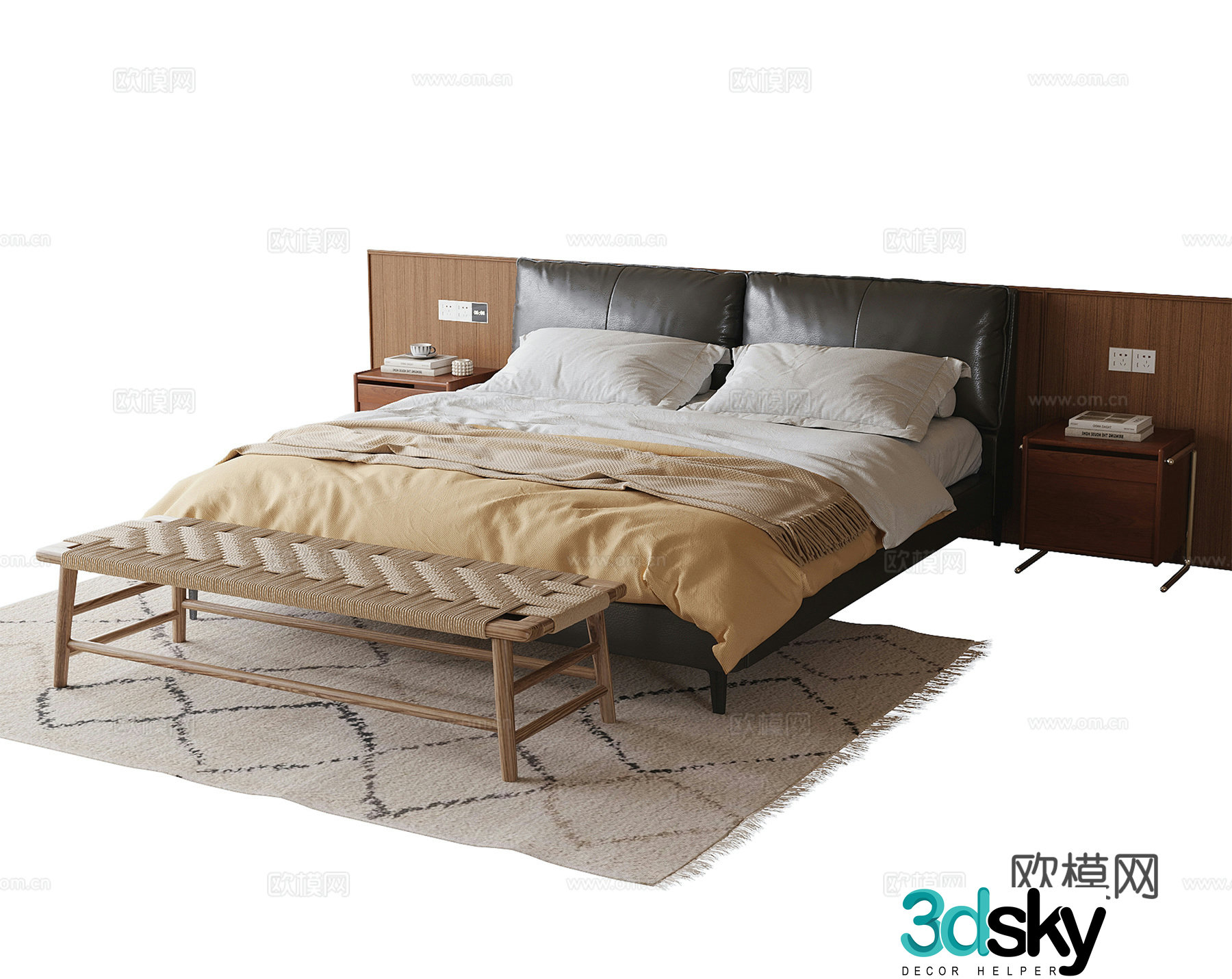 Modern double bed nightstand bed tail stool 3d model