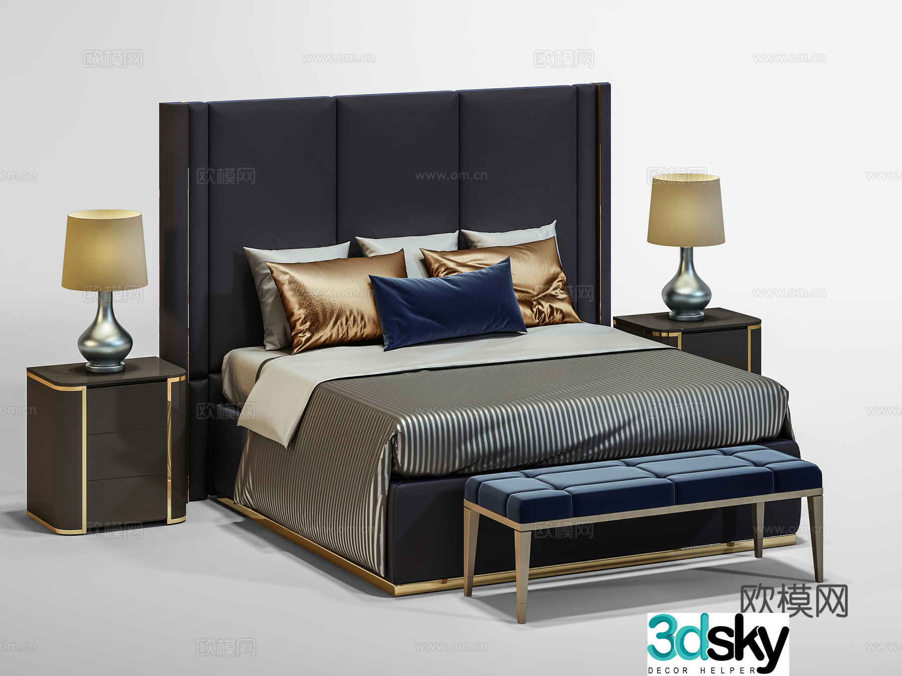 Modern double bed bedside table bedside stool desk lamp combination 3D model