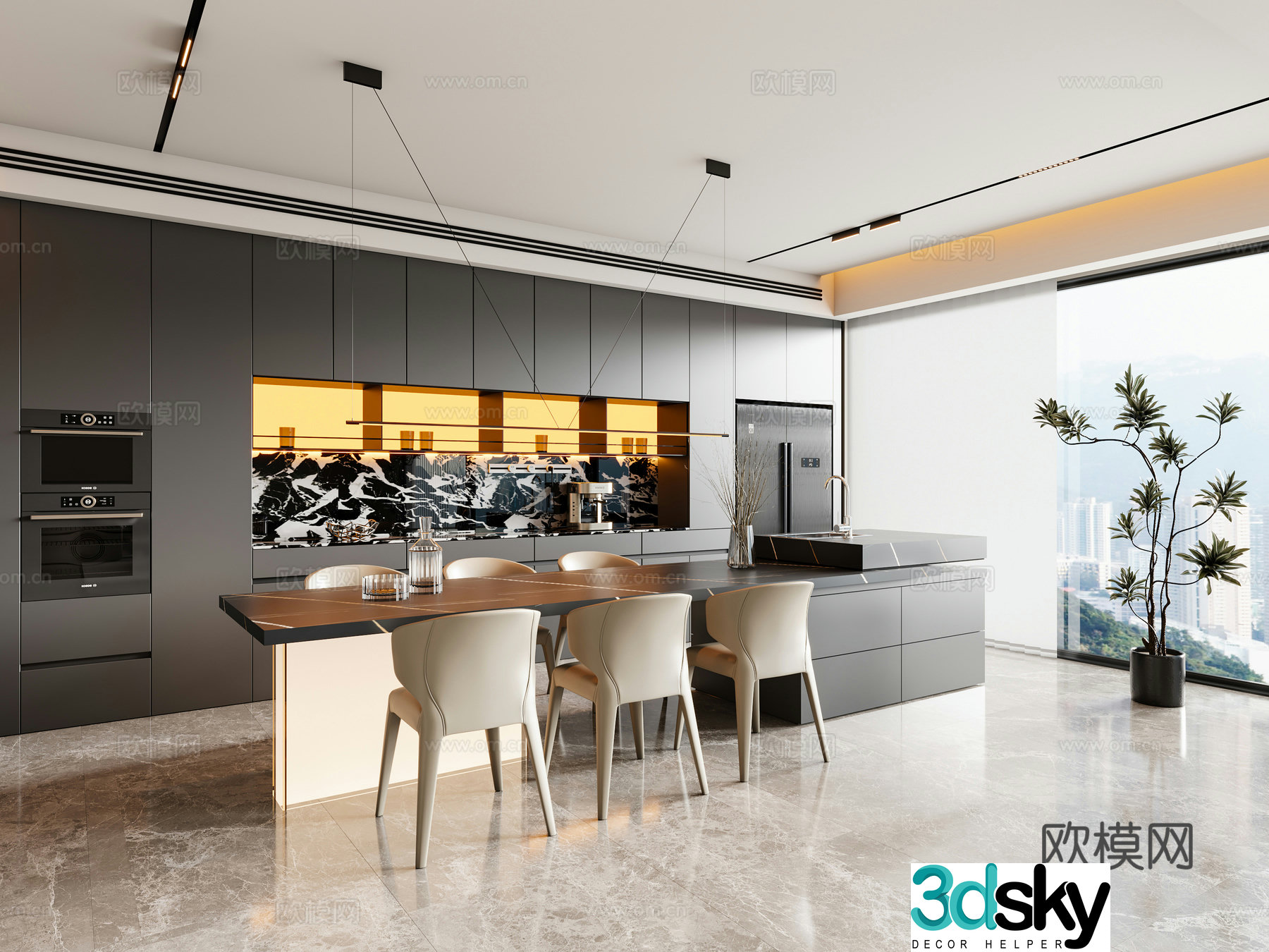 Modern Italian restaurant island dining table and chair chandeliers wine cabinet sideboard 3D model