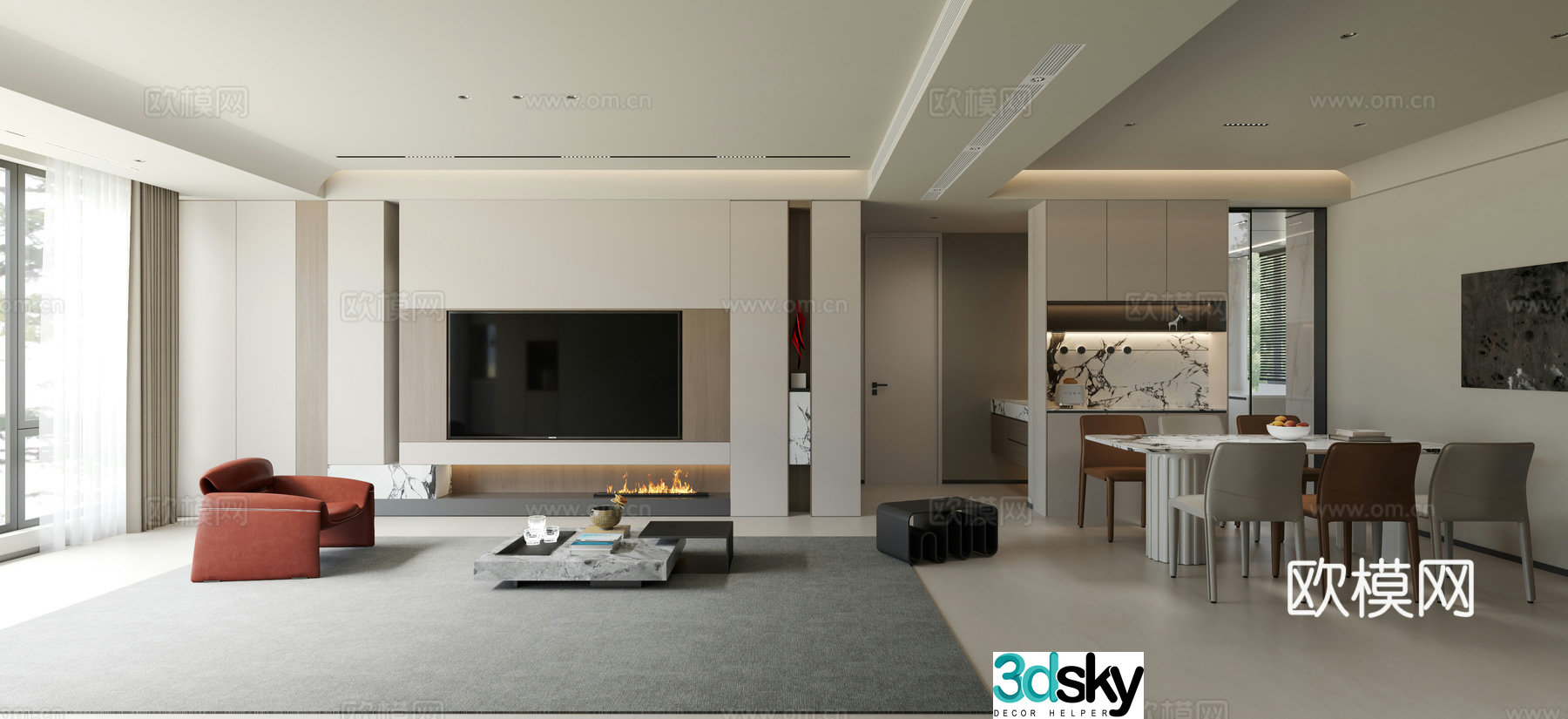 Modern minimalist living restaurant 3d model