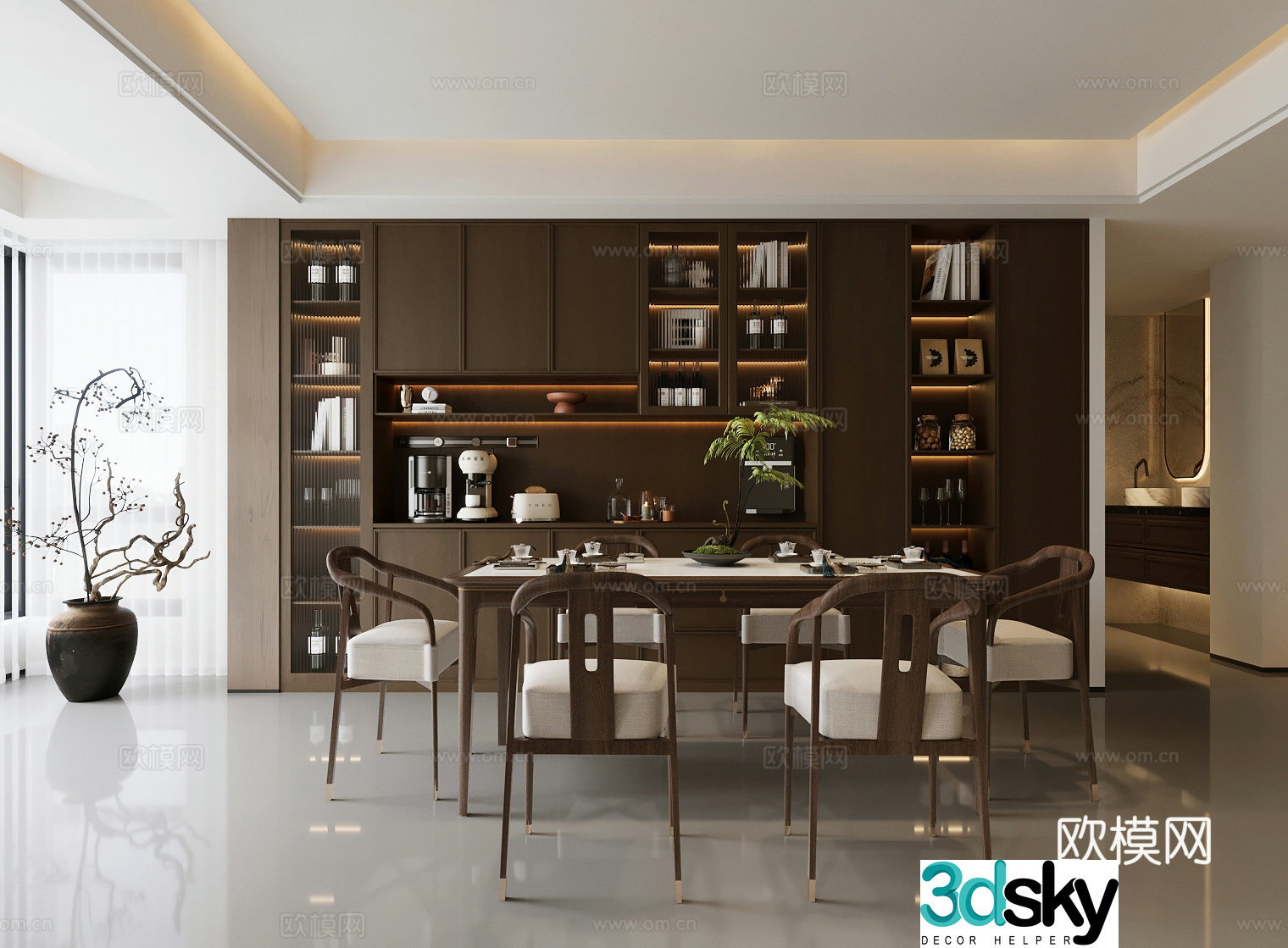 New Chinese Zen Home Restaurant Song-style Restaurant Solid Wood Dining Table and Chair Open Restaurant Dining Table and Chair 3D Model