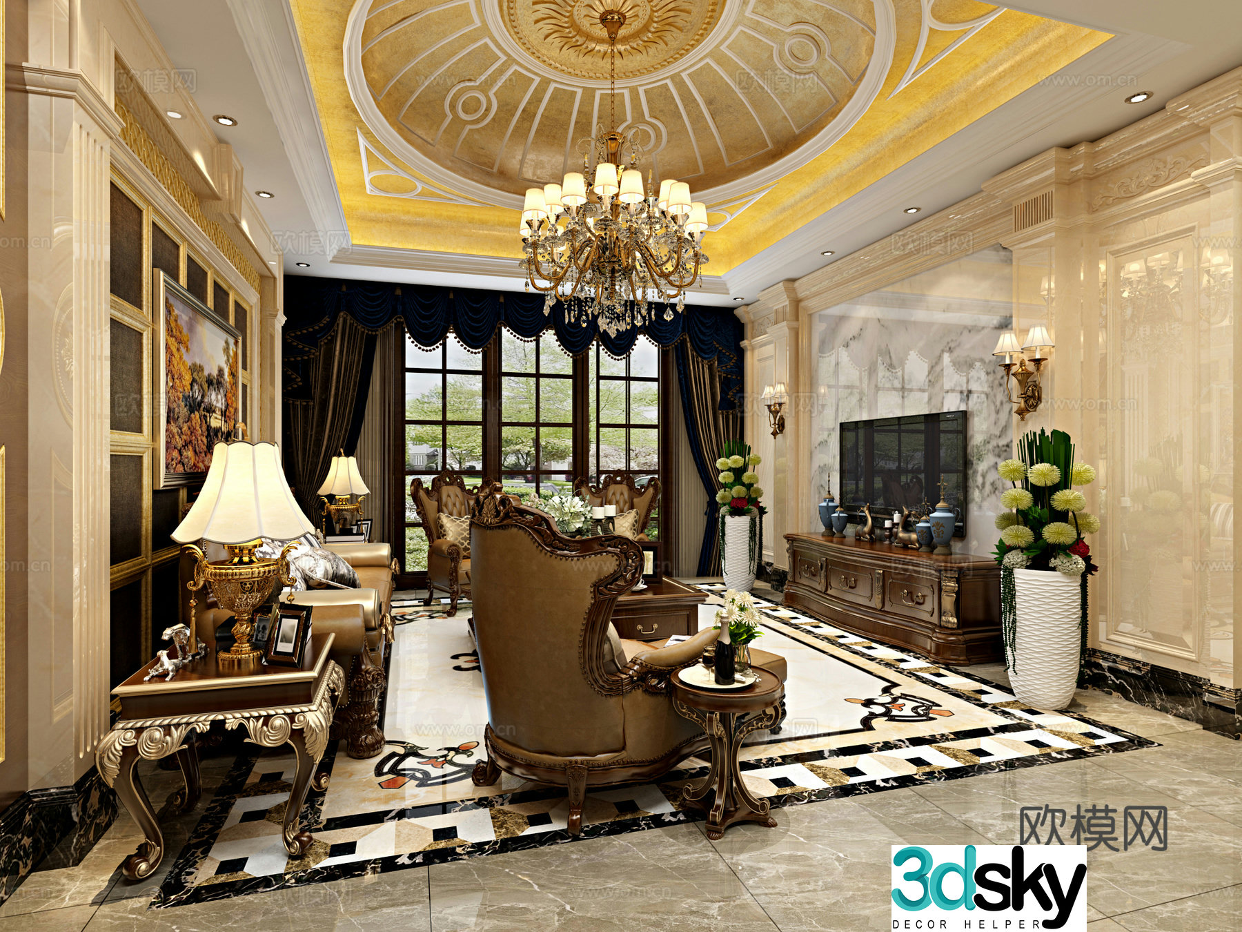 European classical living room sofa TV cabinet wine cabinet dining table chandelier curtains 3D model