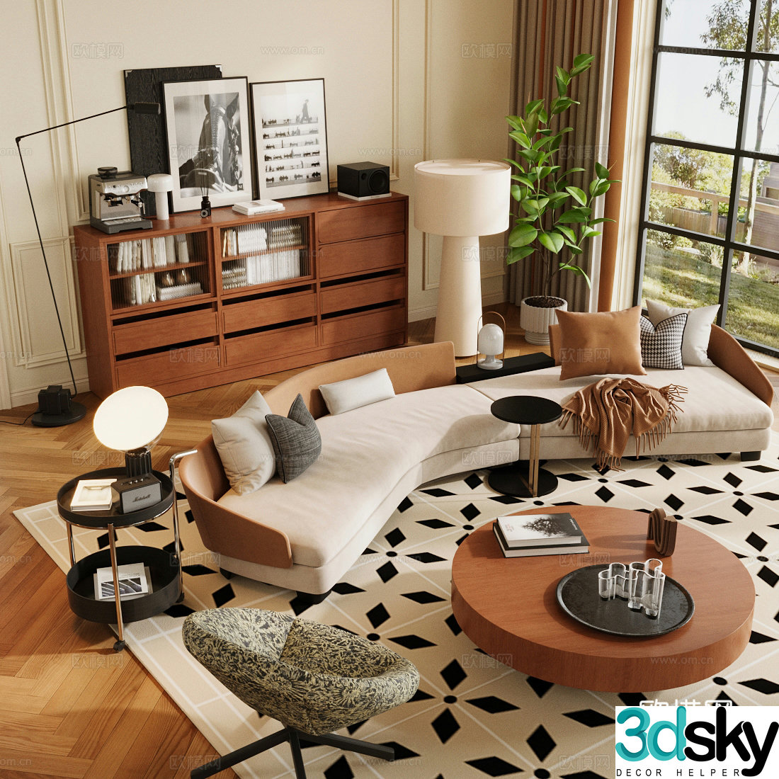 Medium-old sofa combination living room sofa coffee table combination medieval style living room retro style living room 3D model