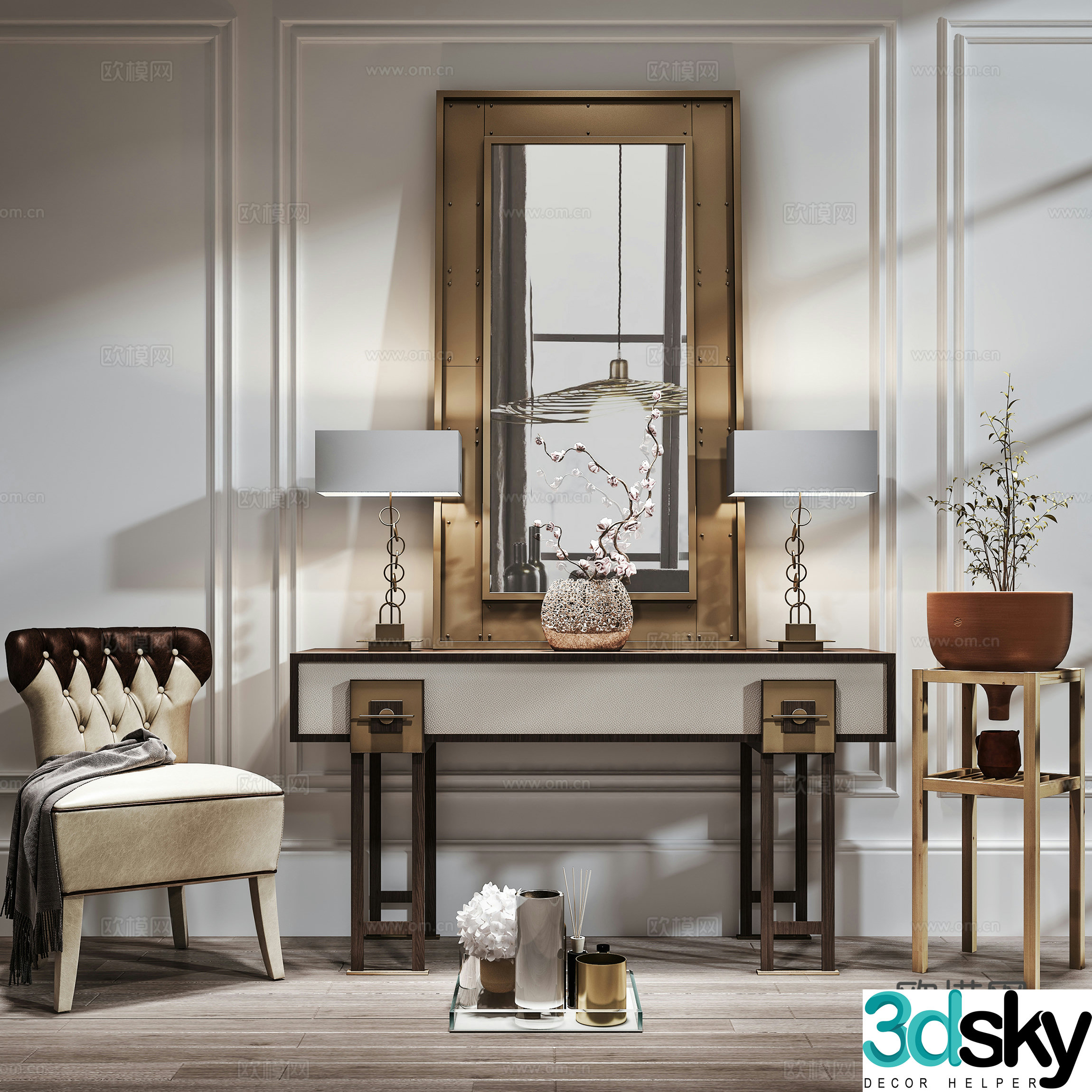 New Chinese style decorative cabinet porch cabinet decoration desk lamp combination 3D model