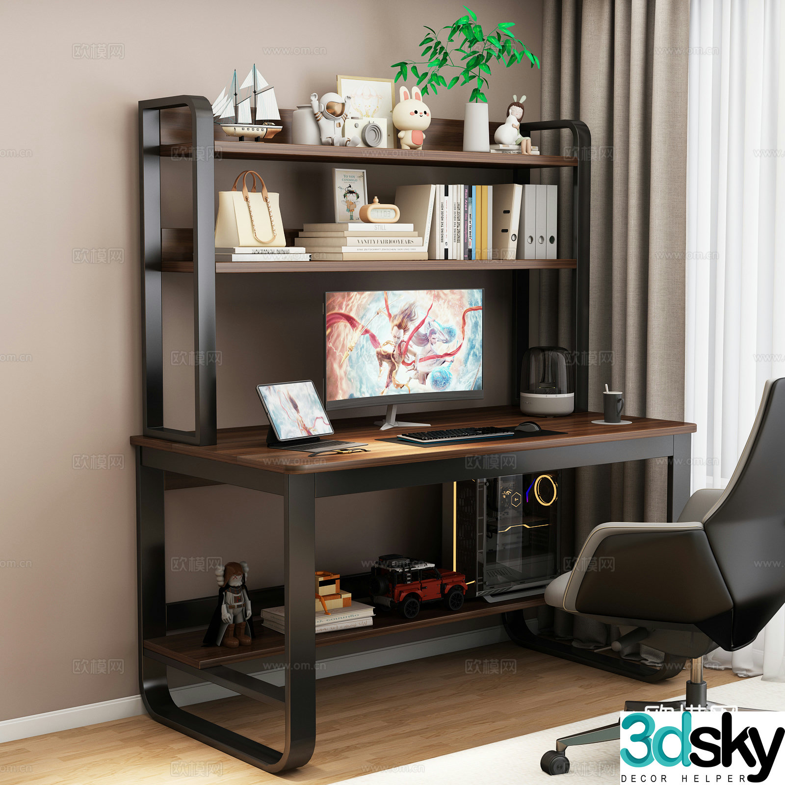 Modern simple computer desk desk shelf 3D model