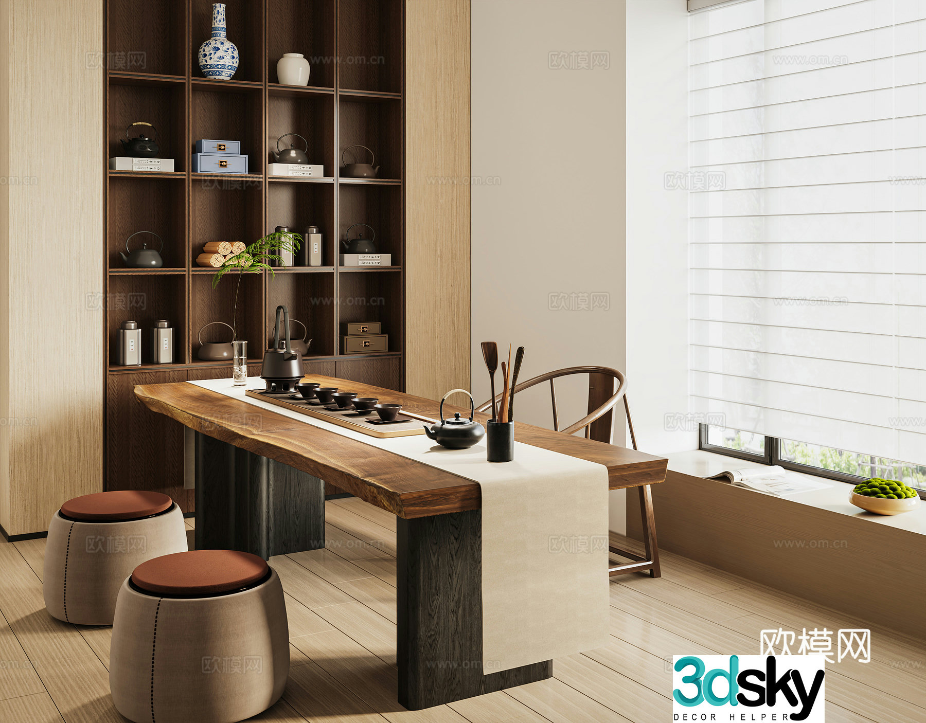 New Chinese-style tea room solid wood tea table and chairs tea set ceramic decoration 3D model