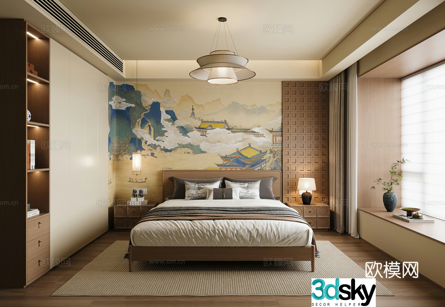 New Chinese style Song style bedroom Song style chandelier Song style desk lamp Song style double bed Song style vase 3D model