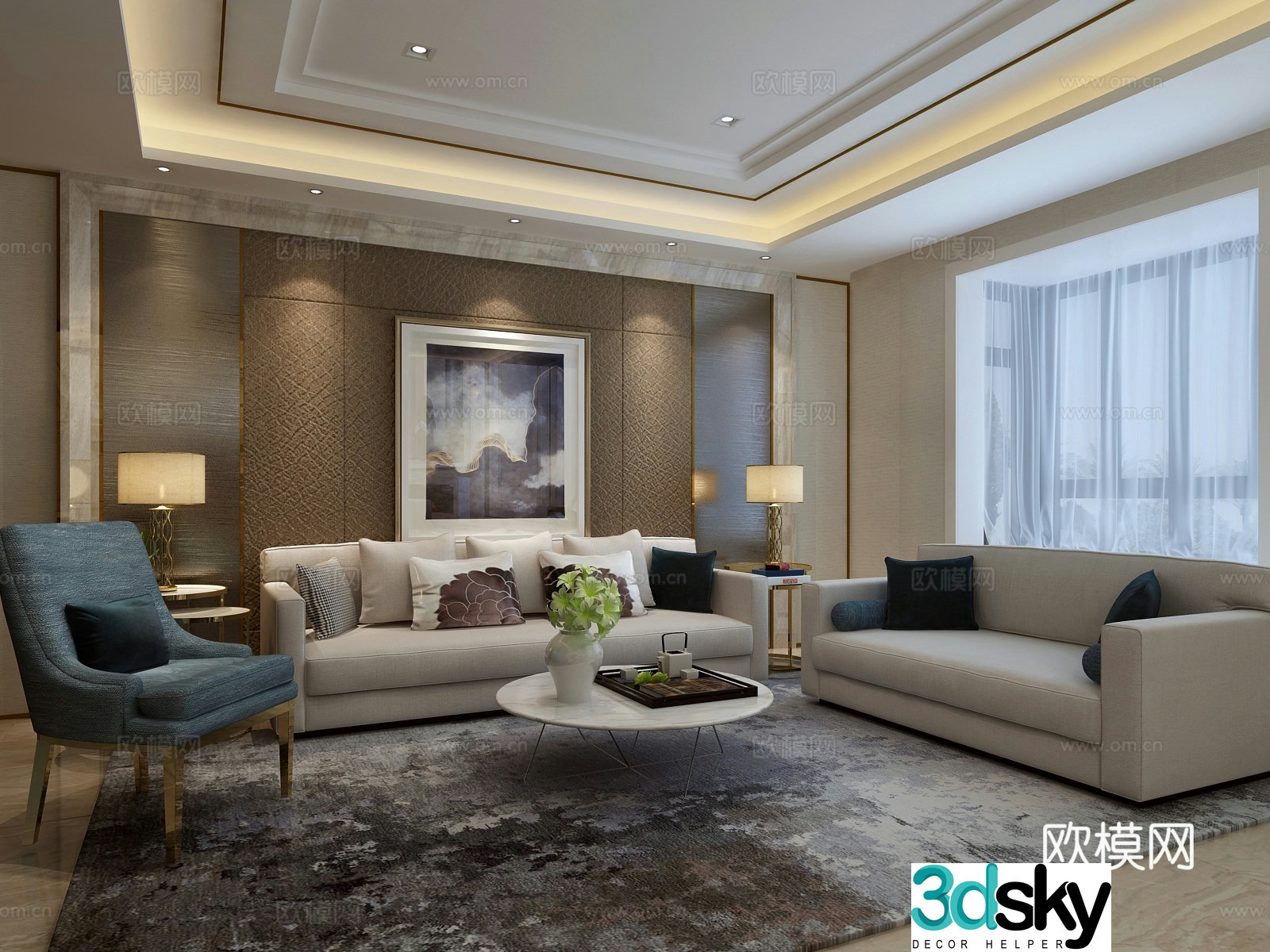 Modern living and dining room sofa and coffee table combination dining table and chairs hanging paintings chandeliers 3D model