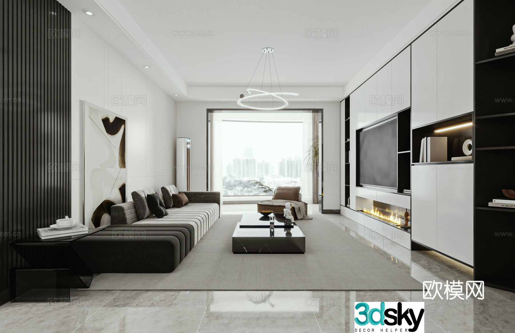 Modern black white and gray living room 3d model